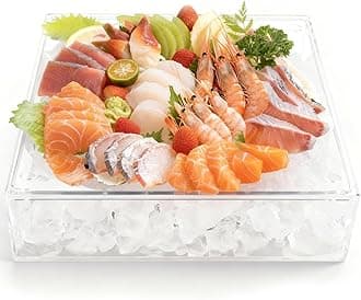 Ice Chilled Serving Tray with Ice Underneath, Acrylic Cold Food Buffet Server Platter for Party, Ice Serving Tray for Veggie, Cheese, Charcuterie, Shrimp Cocktail Serving Dish, Keep Food Cold