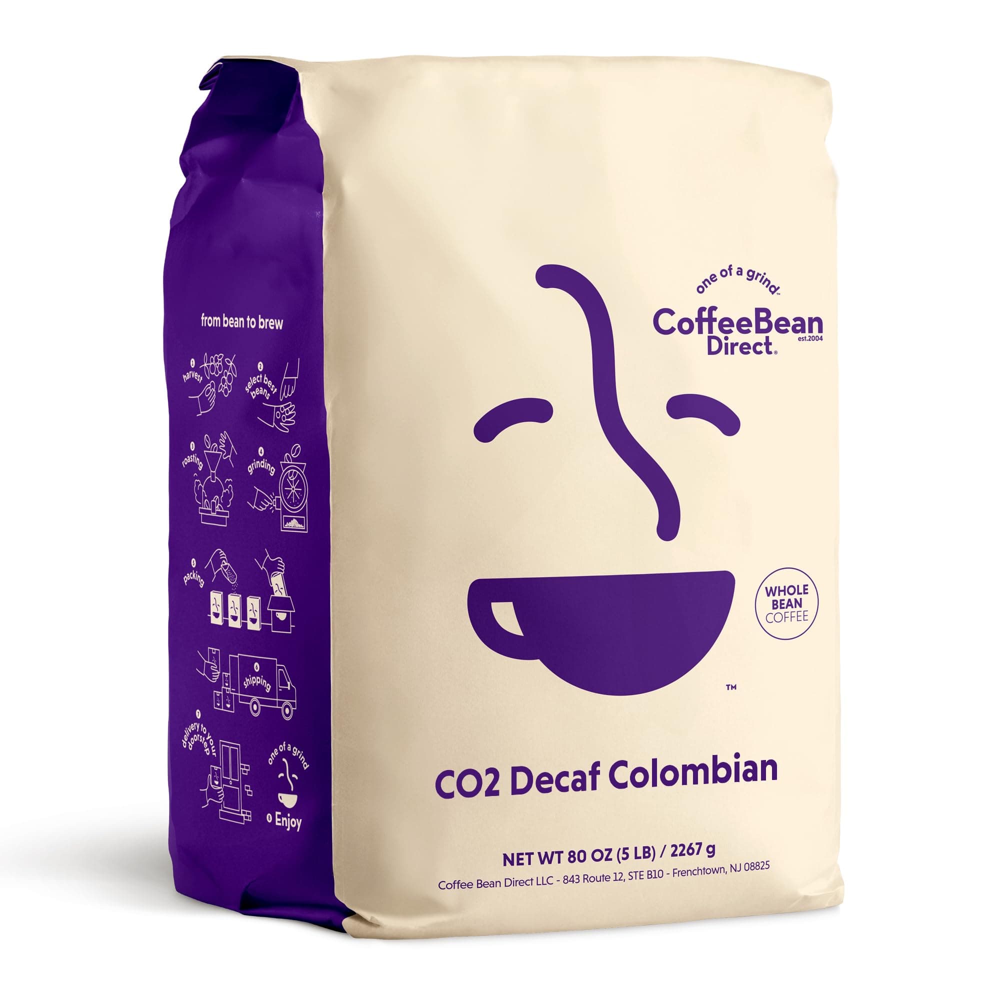 Coffee Bean Direct CO2 Decaf Colombian, Whole Bean Coffee, Arabica Coffee, Light Roast, 5 Pound Bag (Pack of 1)