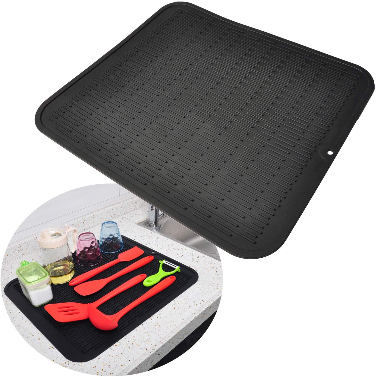 Dish Drying Mat for Kitchen Counter, Silicone Drying Mat for Dishes – 18 x 16 Inches Rubber Counter Drying Pad, Heat Resistant Silicone Trivet for Hot Pot and Pans (Black)