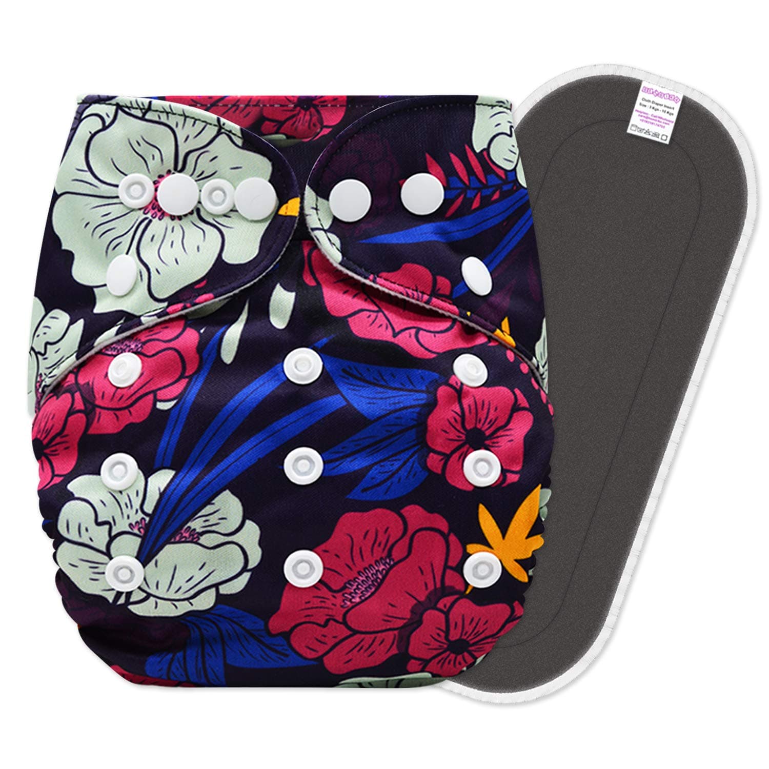 Bembika Washable Reusable Cloth Diaper ll Sizes Adjustable with 5 Layer Bamboo Charcoal Insert (Floral)