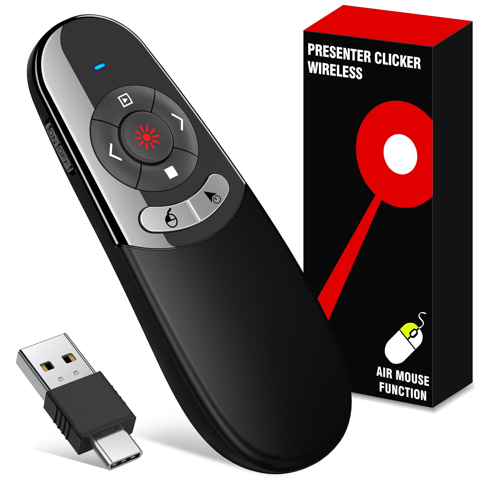 2 in 1 USB Type C Presentation Clicker Air Mouse with Red Light Pointer, Wireless Presenter for PowerPoint Presentation PPT Clicker, 2.4GHz Presenter Remote Slide Advancer for MacBook/Computer/Laptop