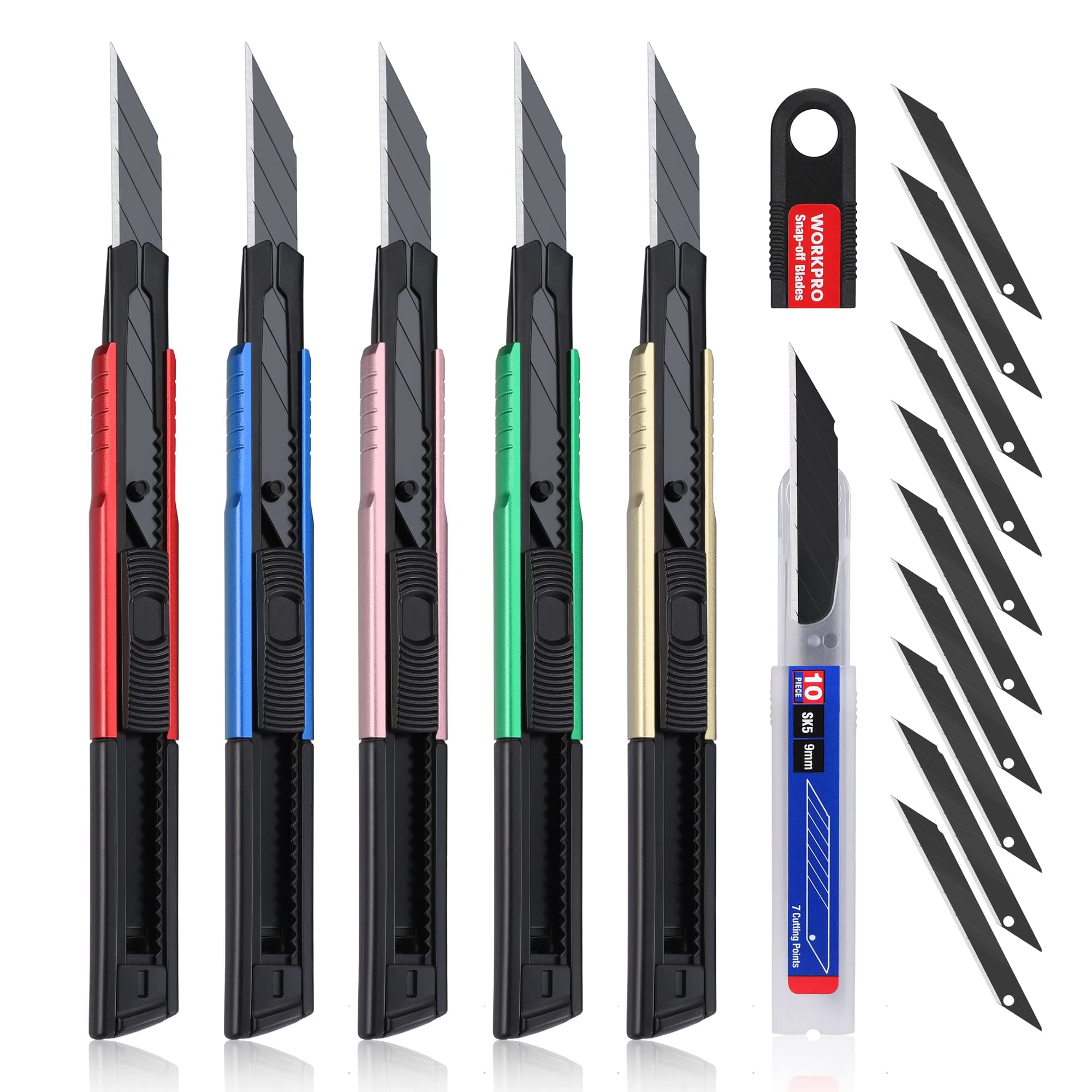 WORKPRO Premium Utility Knife Retractable Snap-off Blade, Heavy Duty Aluminum Box Cutter Set, Razor Knife Exacto Craft Knives, with 10 Extra 9mm Blades, Pack of 5