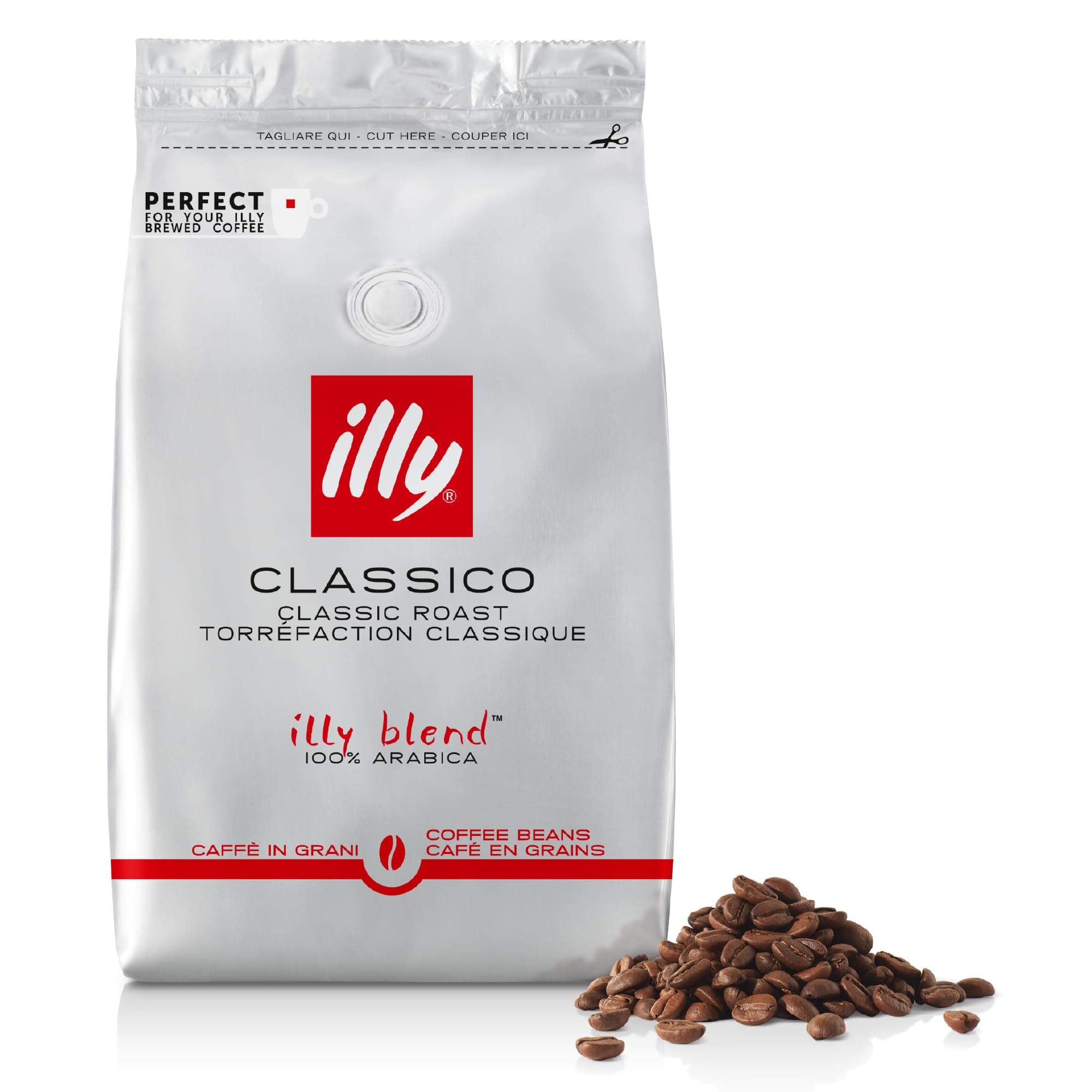 illy Classico Coffee Beans, 100% Arabica Blend, Medium Roast, Intensity 5/9, Smooth & Balanced with Caramel & Floral Notes, Suitable for Bean to Cup & Fresh Grinding, 500g Refill Pouch