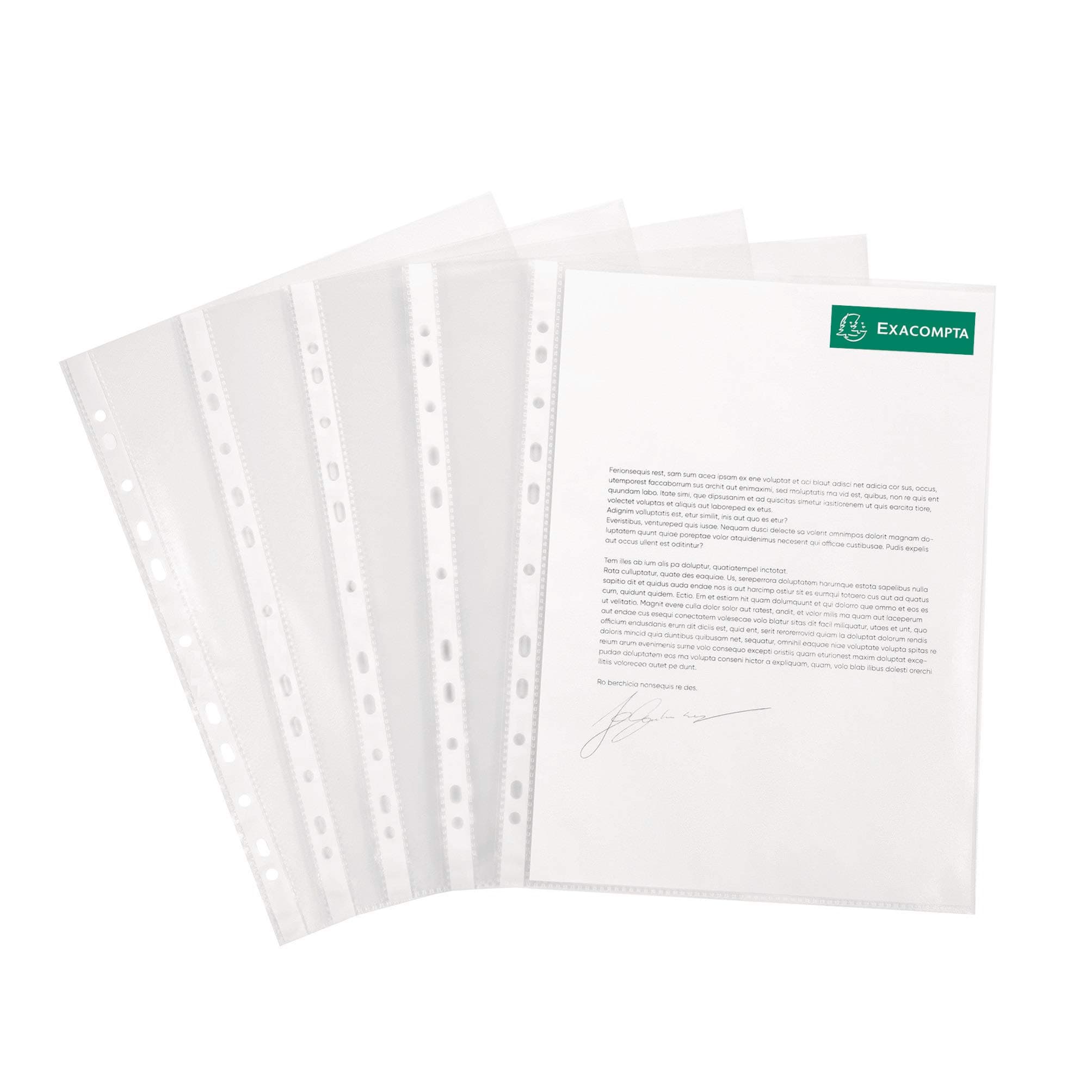 Exacompta - Ref 5111E - PP Punched Pockets (Pack of 100) - Suitable for A4 Documents, 0.04mm Grained Effect Polypropylene, Pre-Punched Spine for Use in Folders - Clear