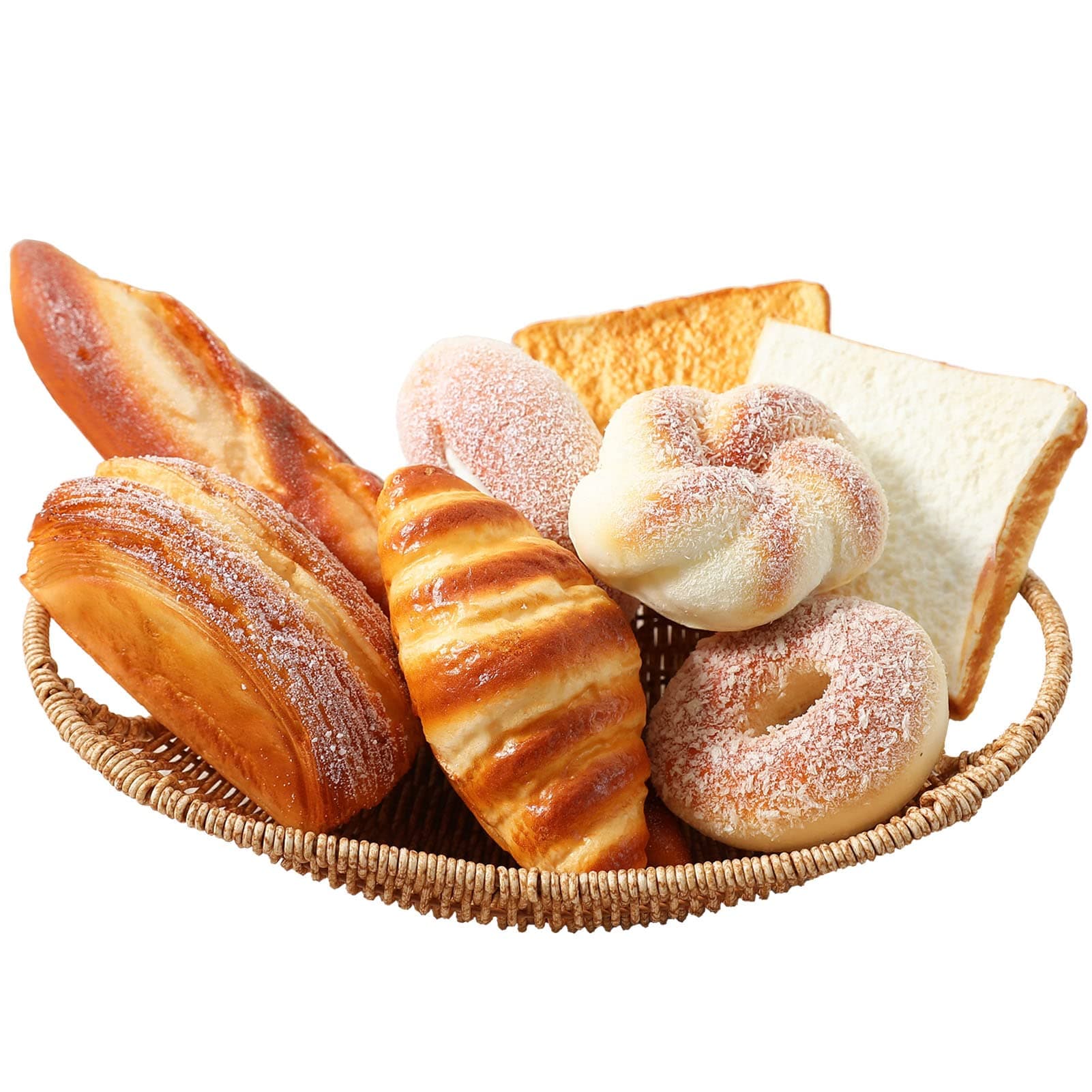 Joeabor 8pcs Artificial Bread Set - Decoration for Home and Kitchen - Realistic, Fake Food for Display - Creative Staging Props - Includes Faux Croissant, Dessert, Baguette and Toast