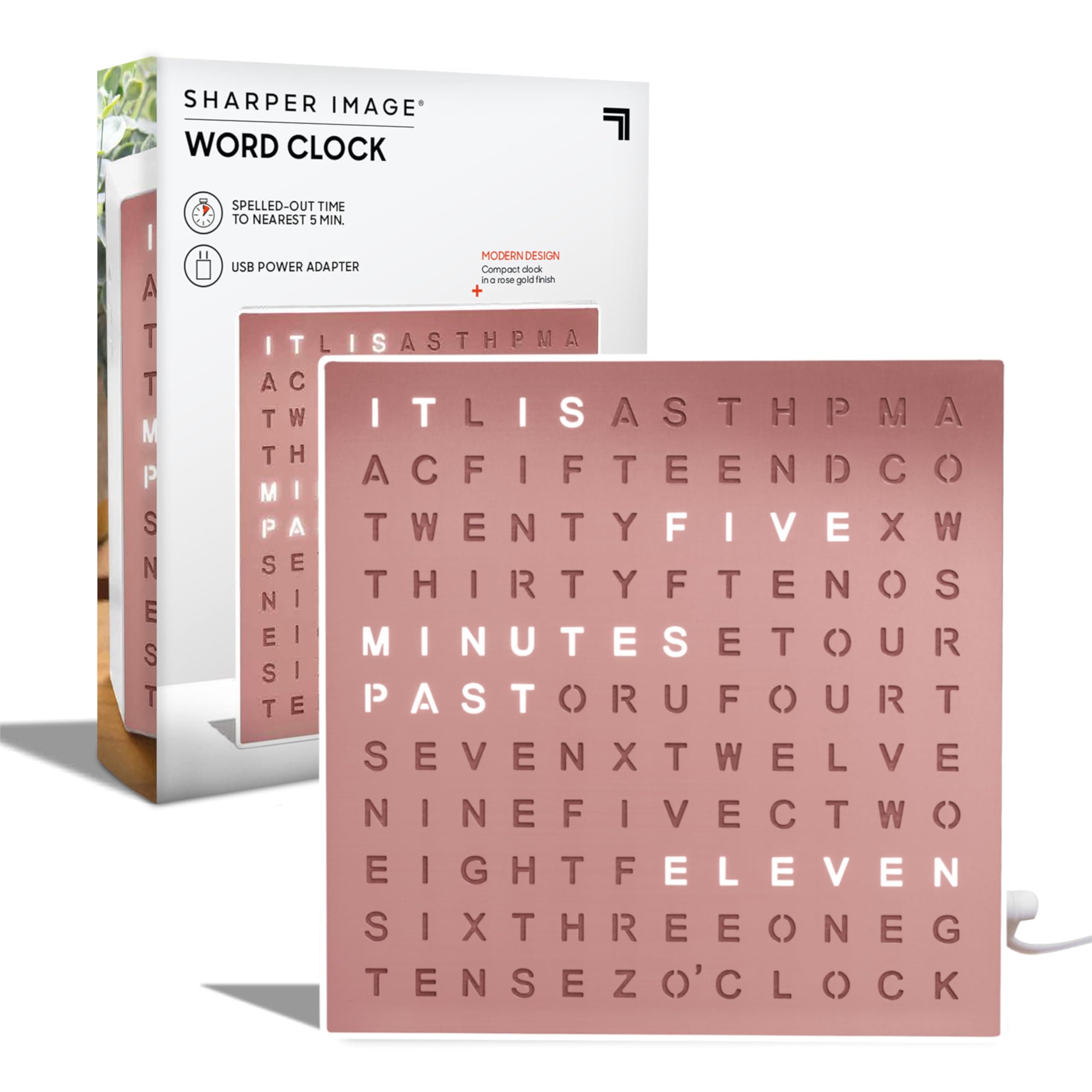 Sharper Image® - Word Clock with LED Light, Modern Design 7.75" Electronic Wall Clock or Computer, USB Cable and Power Adapter, Unique Contemporary Decor for the