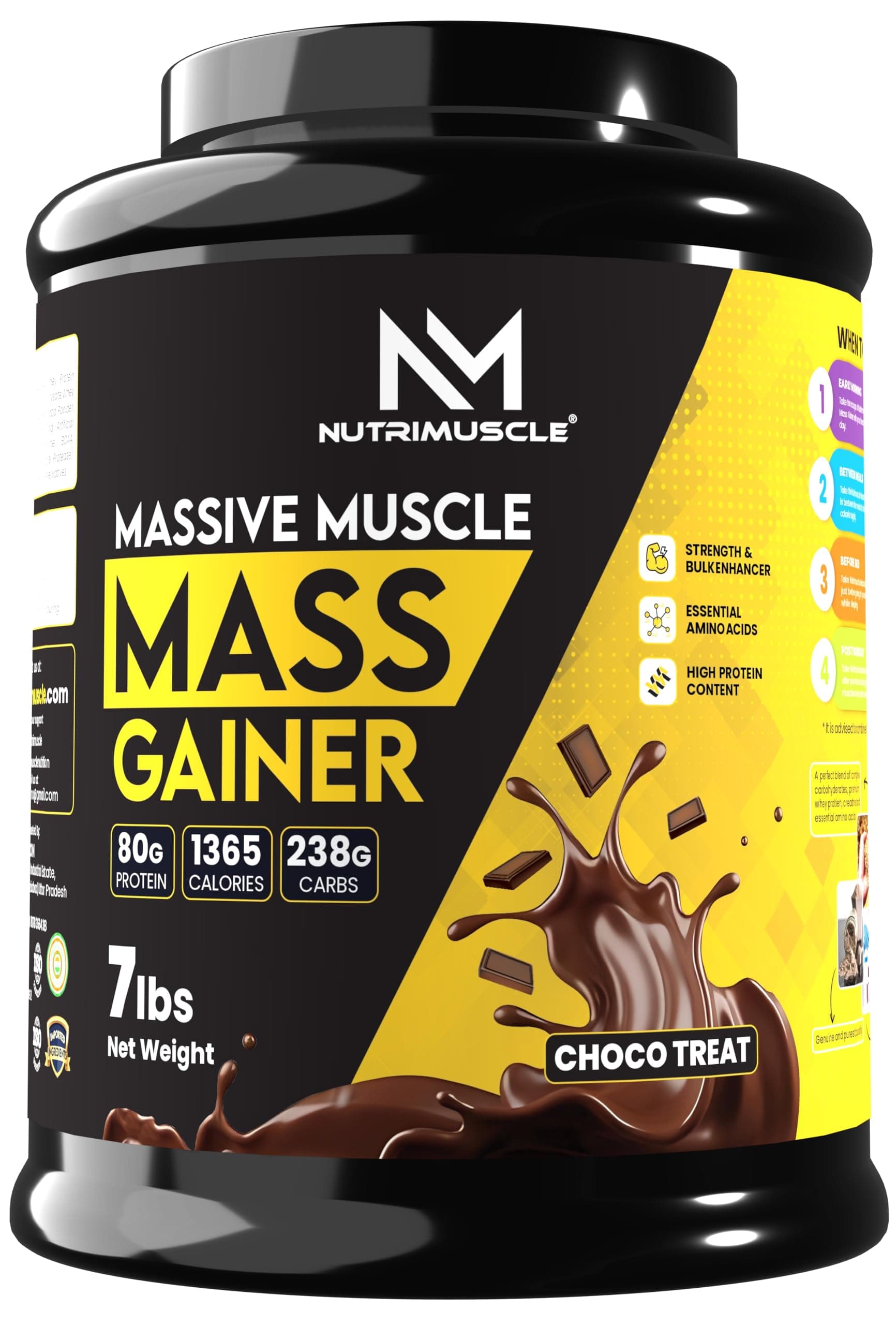 Massive Muscle Mass Gainer - 7 lbs - 3.18 Kgs - Choco Treat (Chocolate) Flavour - for Mass, Muscle, Power & Strength Gain -Contains CREATINE MONOHYDRATE - High protein Gainer