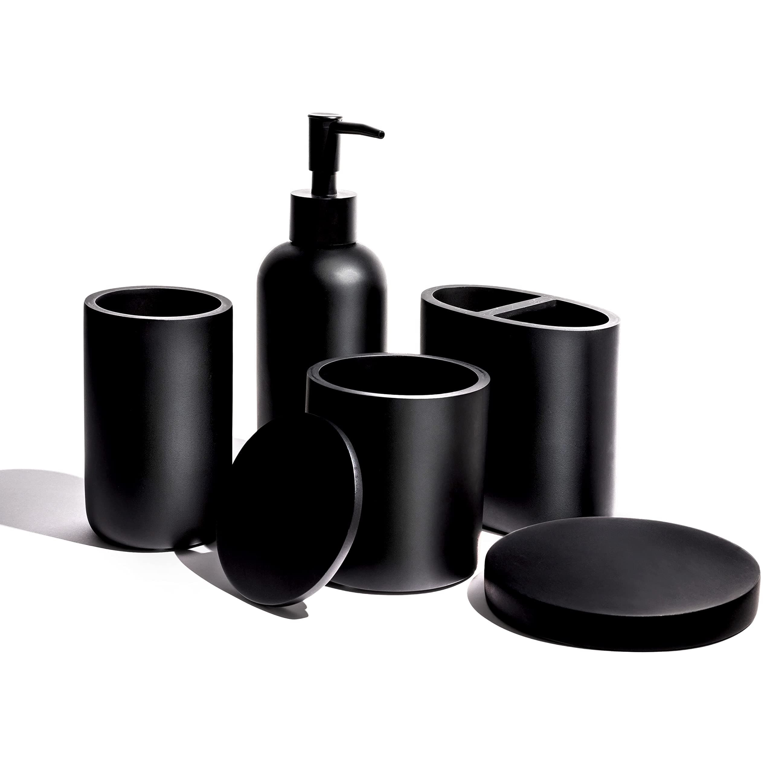 Premium 5 Pcs Matte Black Complete Bathroom Accessories Set, Soap Dispenser, Toothbrush Holder (Black)