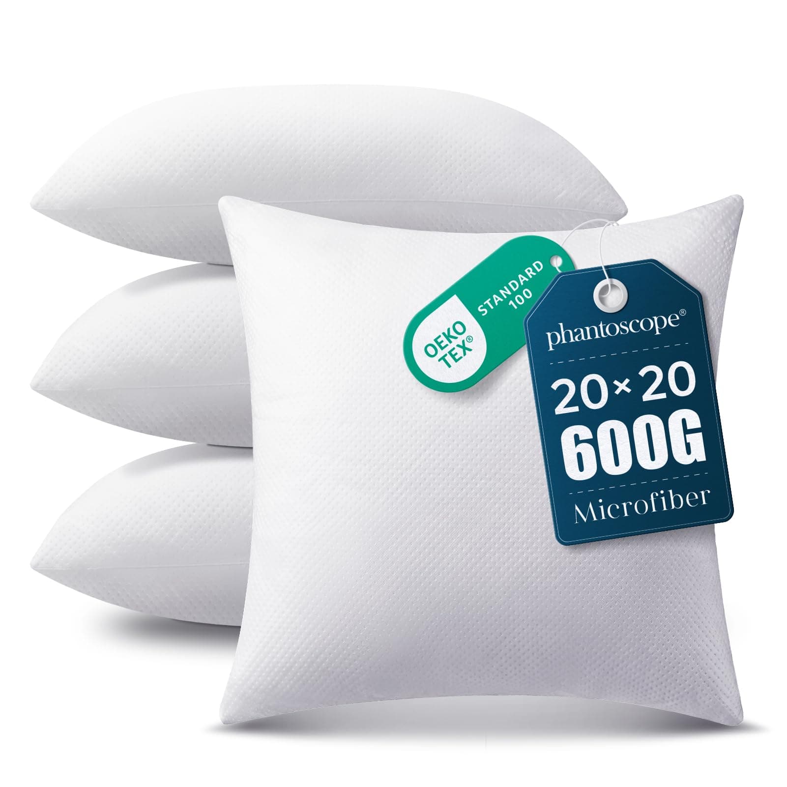 PHANTOSCOPE 4 Packs Polyester Throw Pillow Insert Sham Square Form Sofa Bed Pillow White 20 x 20 inch