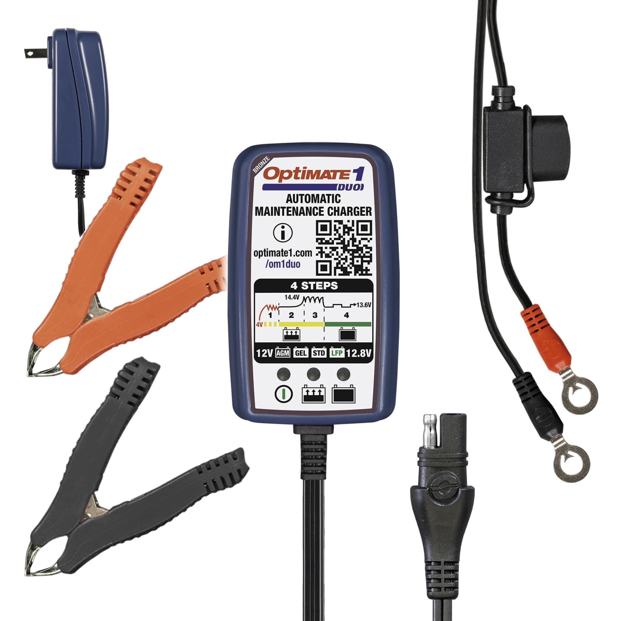 Tecmate (OptiMATE 1 DUO, 12V / 12.8V Plug-in Mainttainer) - OptiMATE 1 DUO, TM-409, 4-step 12V 0.6A Battery charger-maintainer