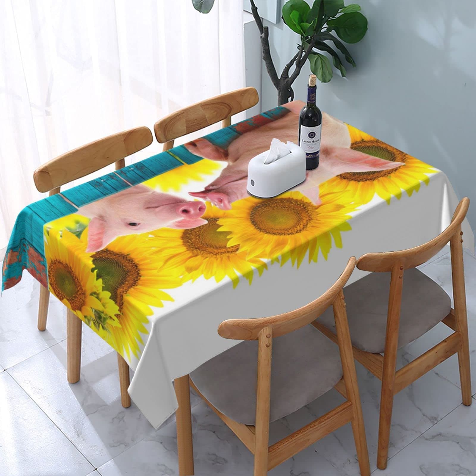 Rectangle Funny Pig Hanging on Fence Table Cloth, Decorative Table Cover for Kitchen 54"x72"