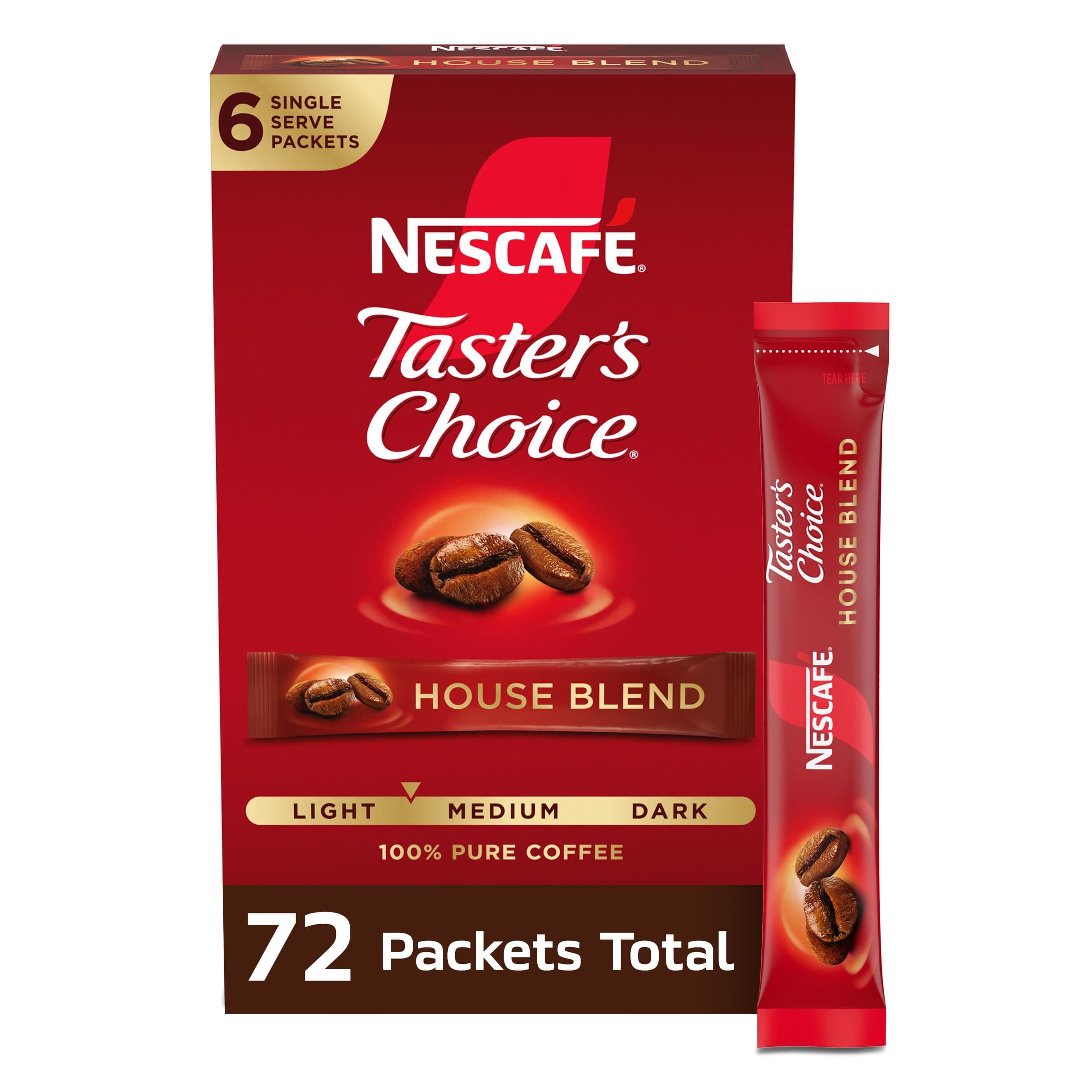 NESCAFE Taster's Choice, House Blend Light Medium Roast Instant Coffee, 12 boxes (72 packets)