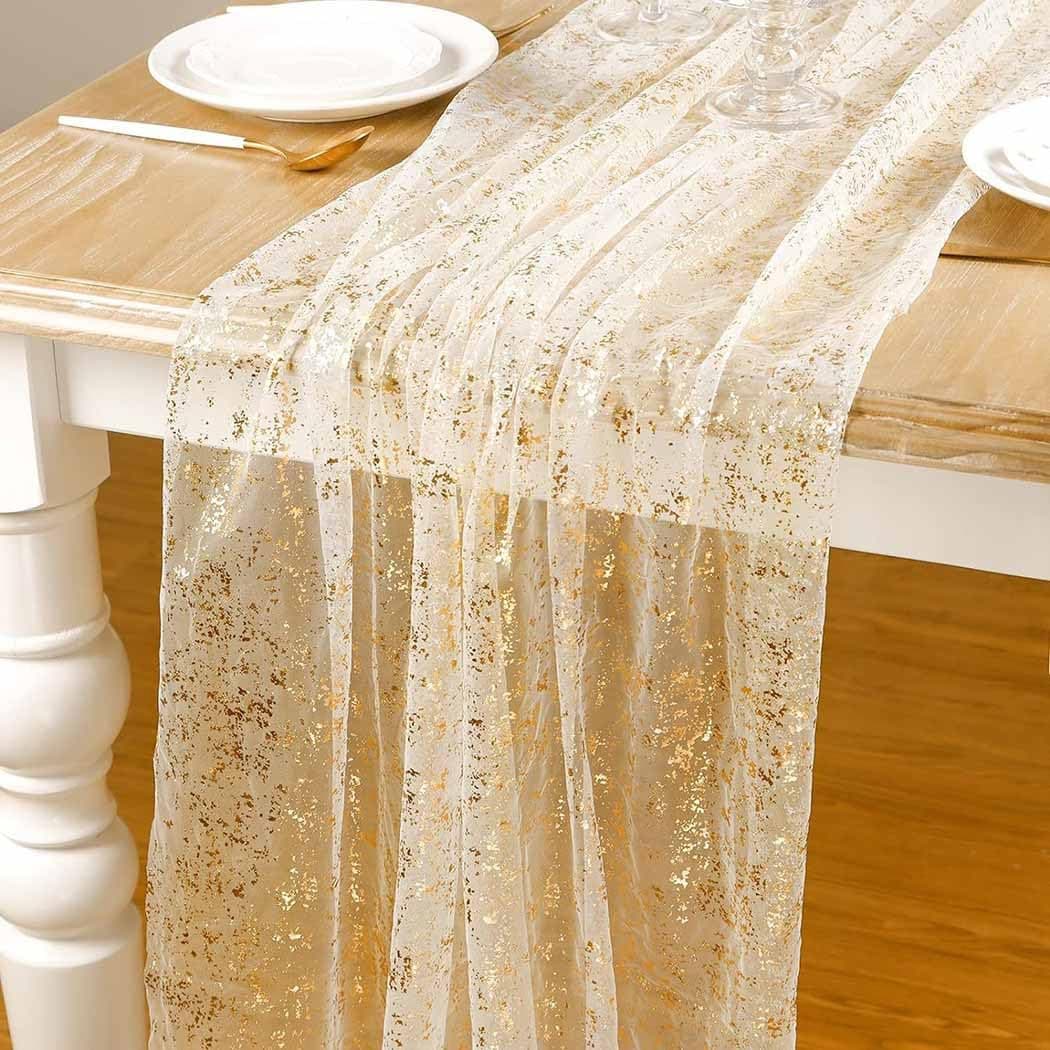 2 PCS Gold Sheer Table Runner, 6M Gold Cheesecloth Table Runners for Wedding, 236x28 inches Sheer Chiffon Fabric Runner, Sequin Glitter Wedding Table Decorations, Boho Table Runner for Birthday