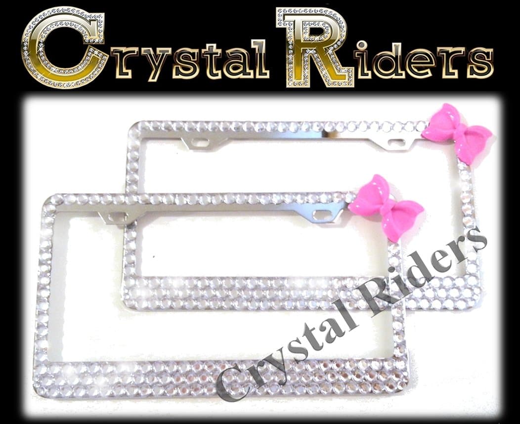 PAIR OF 2 Bling License Plate Frame 3 ROWS HOT PINK BOW with Crystals Clear Metal Chrome Zink Alloy Holder Sparkly Sparkle Custom Hand Made Hand Crafted 2 SET TWO HOT PINK