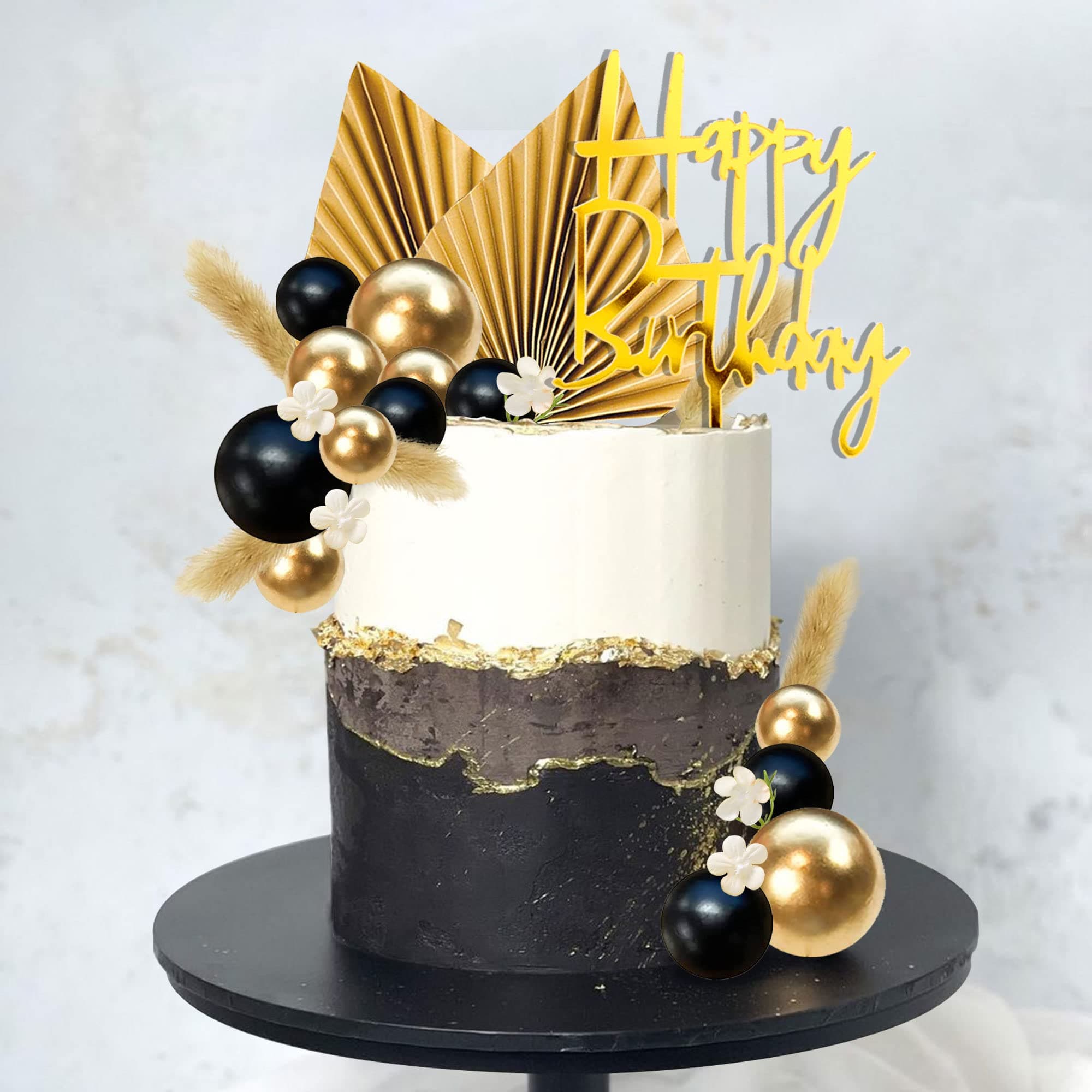 29 PCS Flower Boho Cake Topper Balls Cake Decorations with Black and Golden Balls Palm Leaves Artificial Plants for Wedding Birthday (Black Gold)