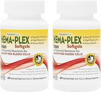 - NaturesPlus Hema-Plex Iron - 60 Fast-Acting Softgels - 2 Pack - 85 mg Iron + Vitamin C & Bioflavonoids for Healthy Red Blood Cells - Vegan, Gluten Free - 40 Total Servings