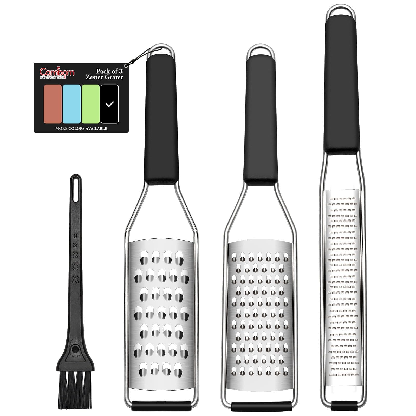 Lemon Zester Grater Three-piece Suit - Heavy Duty Kitchen Tool for Parmesan Cheese, Ginger, Garlic, Nutmeg, Chocolate, Vegetables,Fruits,Stainless Steel Grater Dishwasher Safe Black