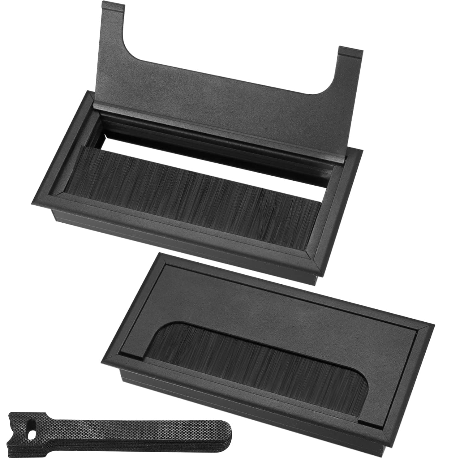 HAOCHEN 2 x Cable Grommets Cable Duct Desk with Brush Seal Aluminium with 10 Cable Ties (Black, 160 x 80 mm)