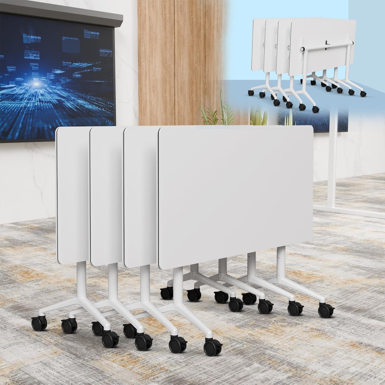 6-8 Person Conference Table Folding Conference Table for Office,Training, Seminar,Schools Modern Wood Conference Meeting Room Table Large Rectangular Conference Room Tables (4, White, 63in)