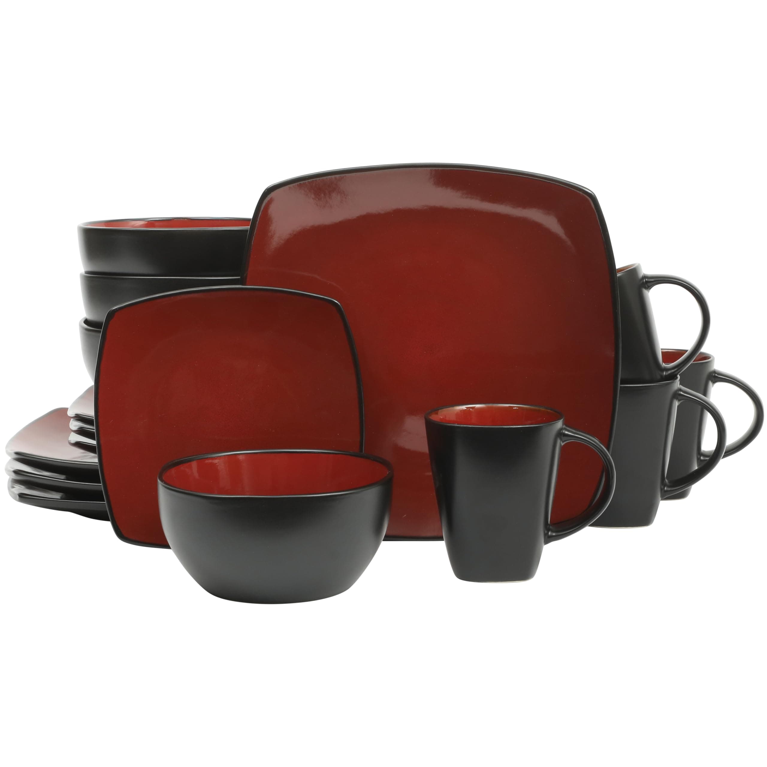 Soho Lounge Square 16-Piece Dinnerware Set, Service for 4, Reactive Glaze Stoneware Plates and Bowls, Modern Dishes, Microwave & Dishwasher Safe – Red and Black