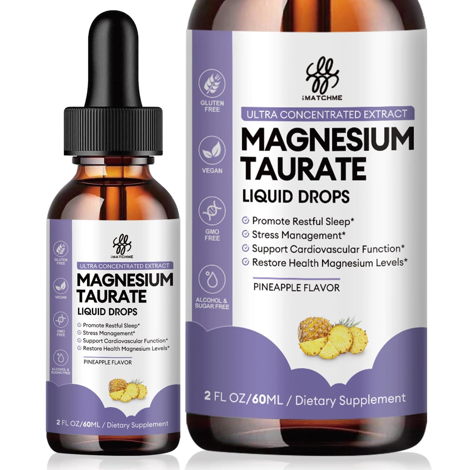 Magnesium Taurate Liquid Drop for Muscle Function, Nerve and Heart Health Support, High Absorption Magnesium Supplement with B6, CoQ10, Vegan, Non-GMO, Gluten/Sugar Free Pineapple Flavor, 2 Fl Oz