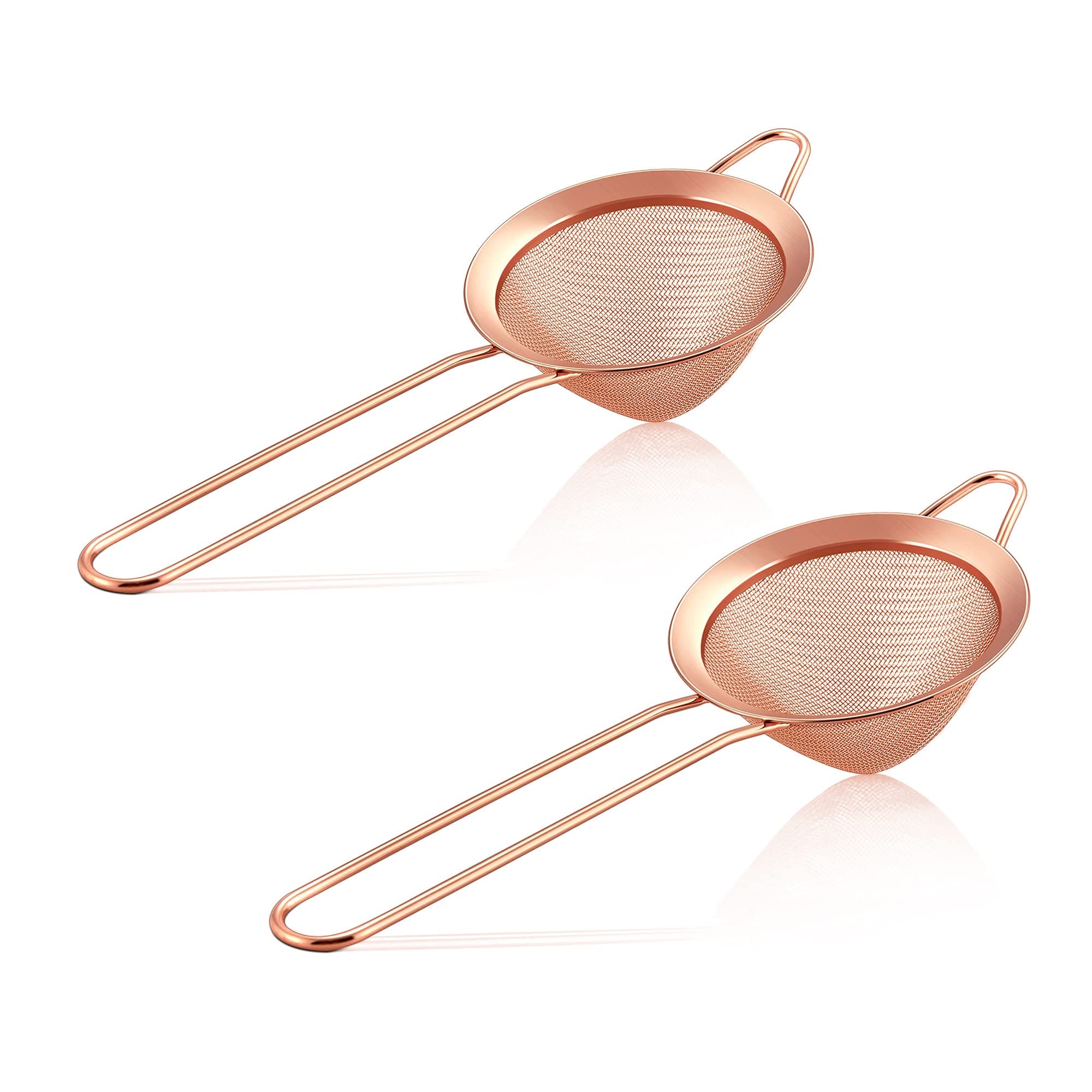 E-far Small Strainer Set of 2, 3.3 Inches Stainless Steel Fine Mesh Sieve with Long Handle, Metal Conical Strainers for Tea Cocktail Coffee Food, Rust Proof & Easy to Clean (Copper)