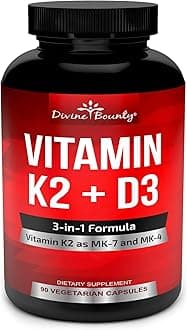 Divine Bounty Vitamin K2 (MK7 & MK4) with D3 Supplement - Vitamin K & D as MK-7 100mcg, MK-4 500mcg, and 5000 IU Vitamin D3 3-in-1 Formula - Bone and Heart Support - 90 Non-GMO Vegetarian Capsules