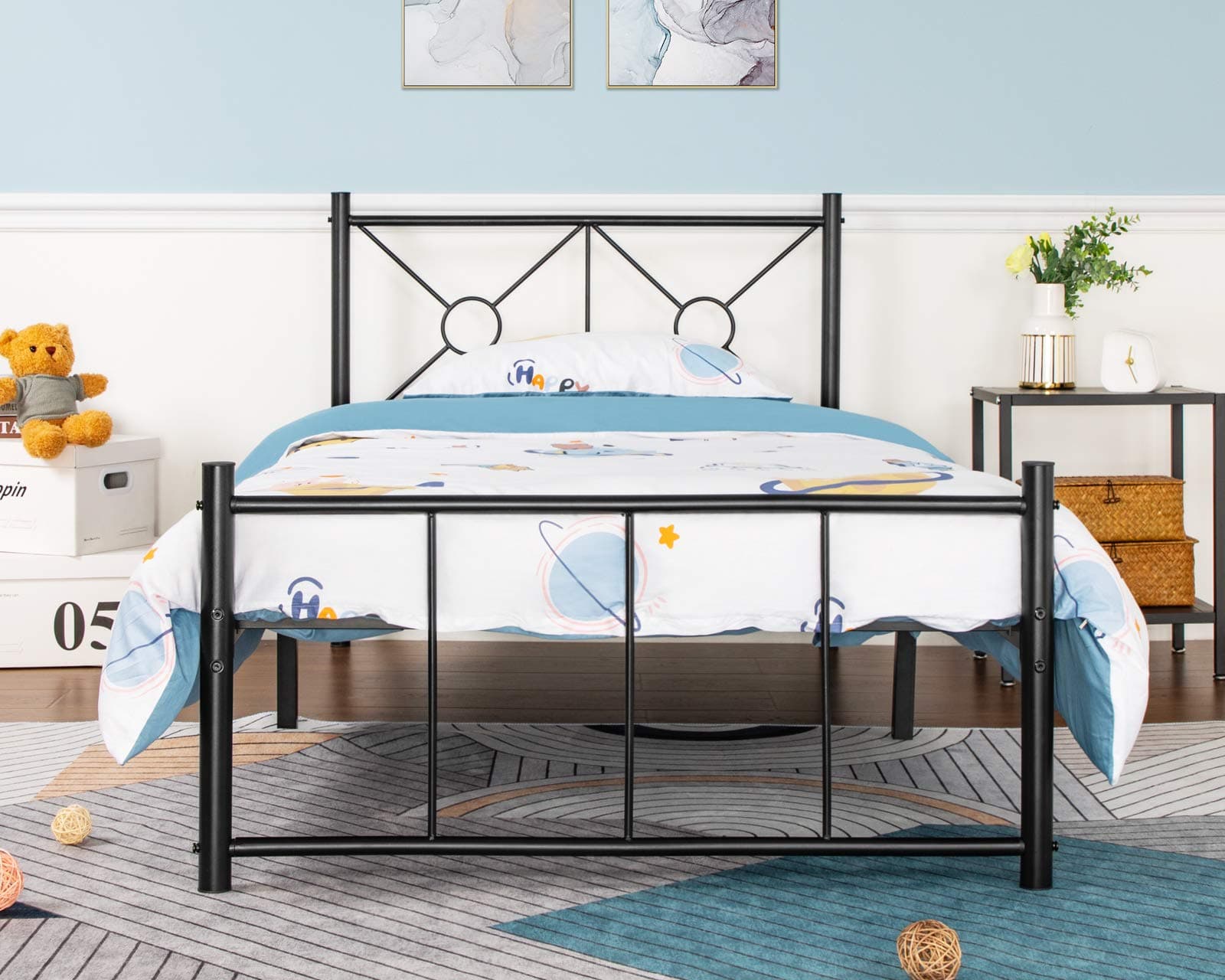 Alecono Single Bed Frame Single Metal Bed Frame for Children With Reinforced Metal Platform 3ft Bed Frame with Headboard Black,90 * 190CM