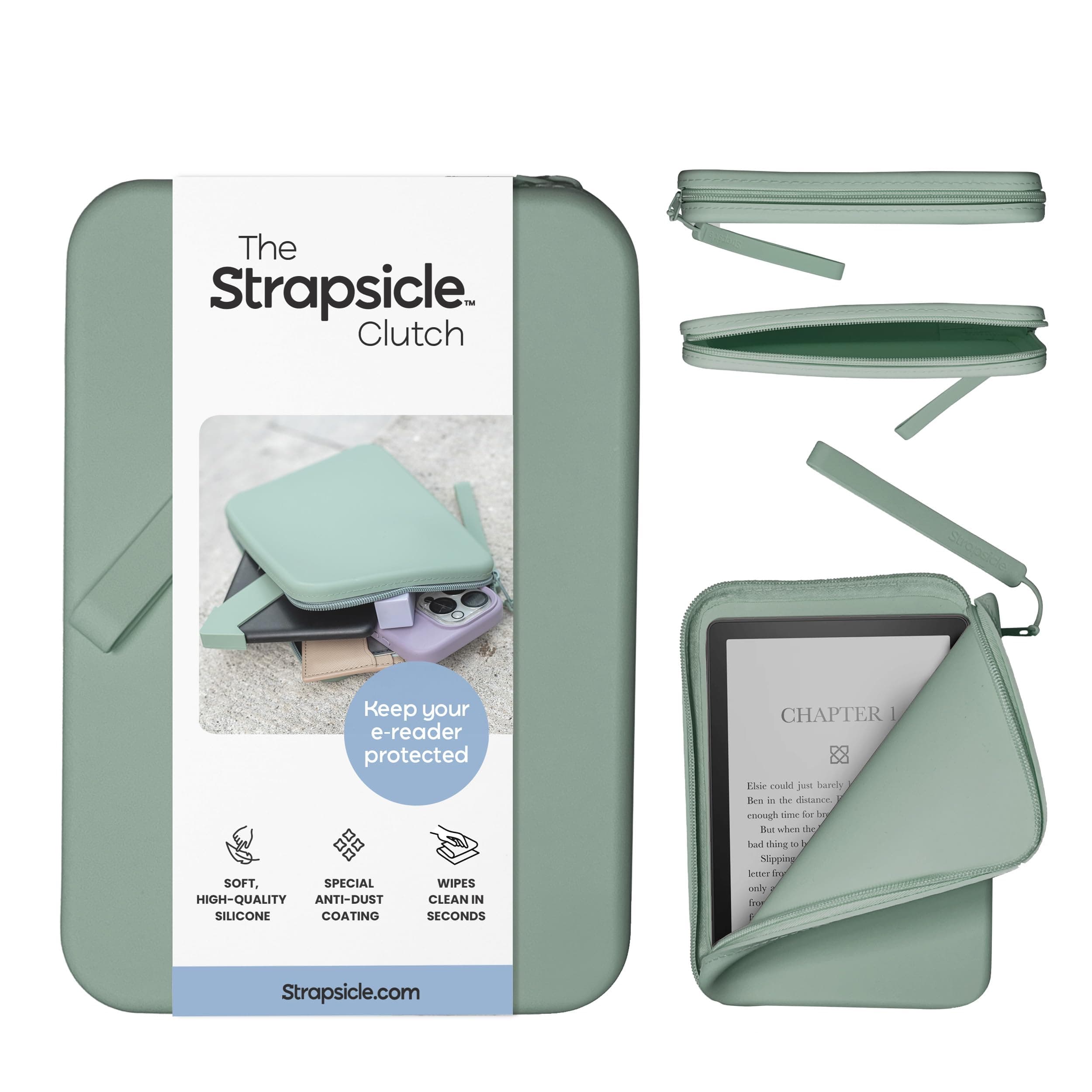 Silicone Clutch for Kindle & E-Readers – Multi-Purpose Bag for Phone, Wallet & Keys – Fits 6.8″–7″ Paperwhite 2024, 6″ Kindles, Kobos, Nook & iPad mini 6 – Anti-Dust Coating - Sage