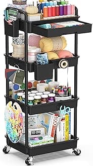 SUNALLY 4 Tier Rolling Utility Cart with Drawer, Storage Organizer Cart with 2 Lockable Wheels, Multifunctional Rolling Storage Cart for Bathroom, Kitchen, Craft, Makeup, Baby Essentials, Black