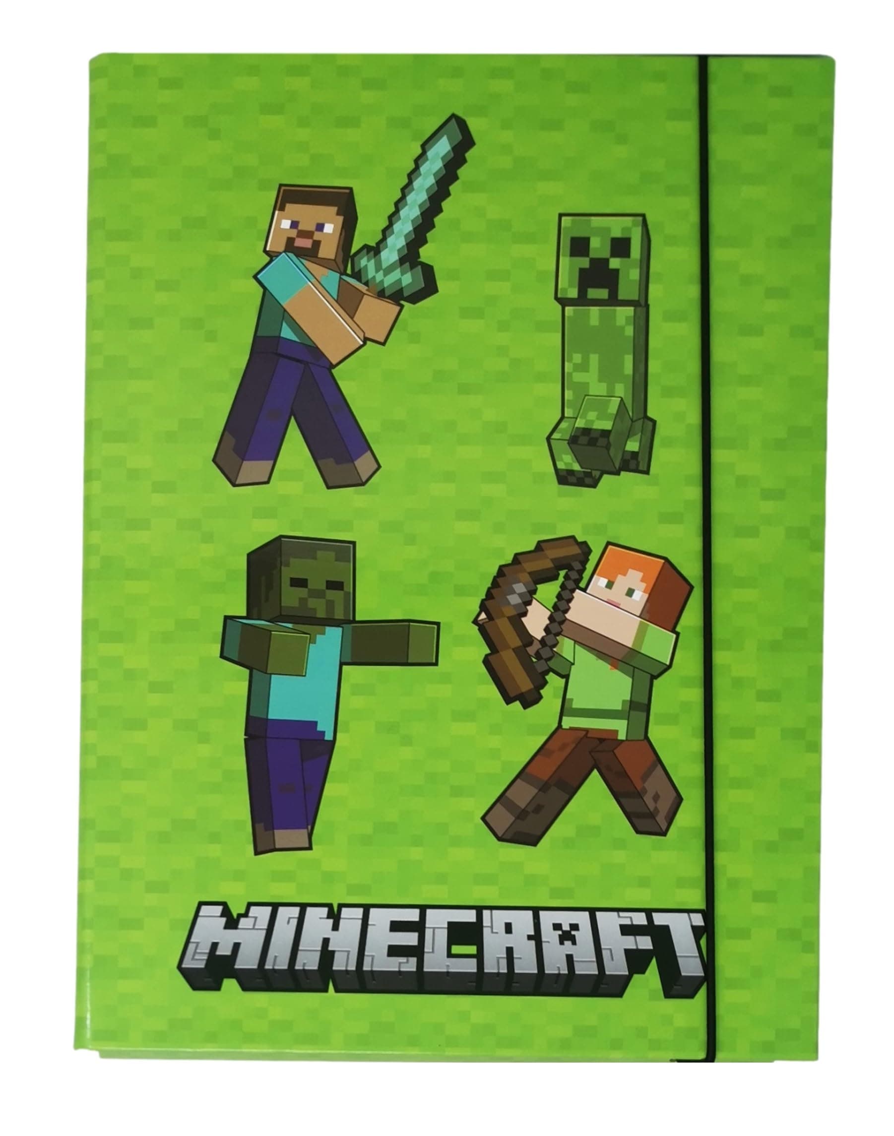 Theonoi Sturdy Children's Box, File Box, Folder for School Bag, Dossier Folder with Elastic Band and Inner Flaps, DIN A4 (Minecraft Green)