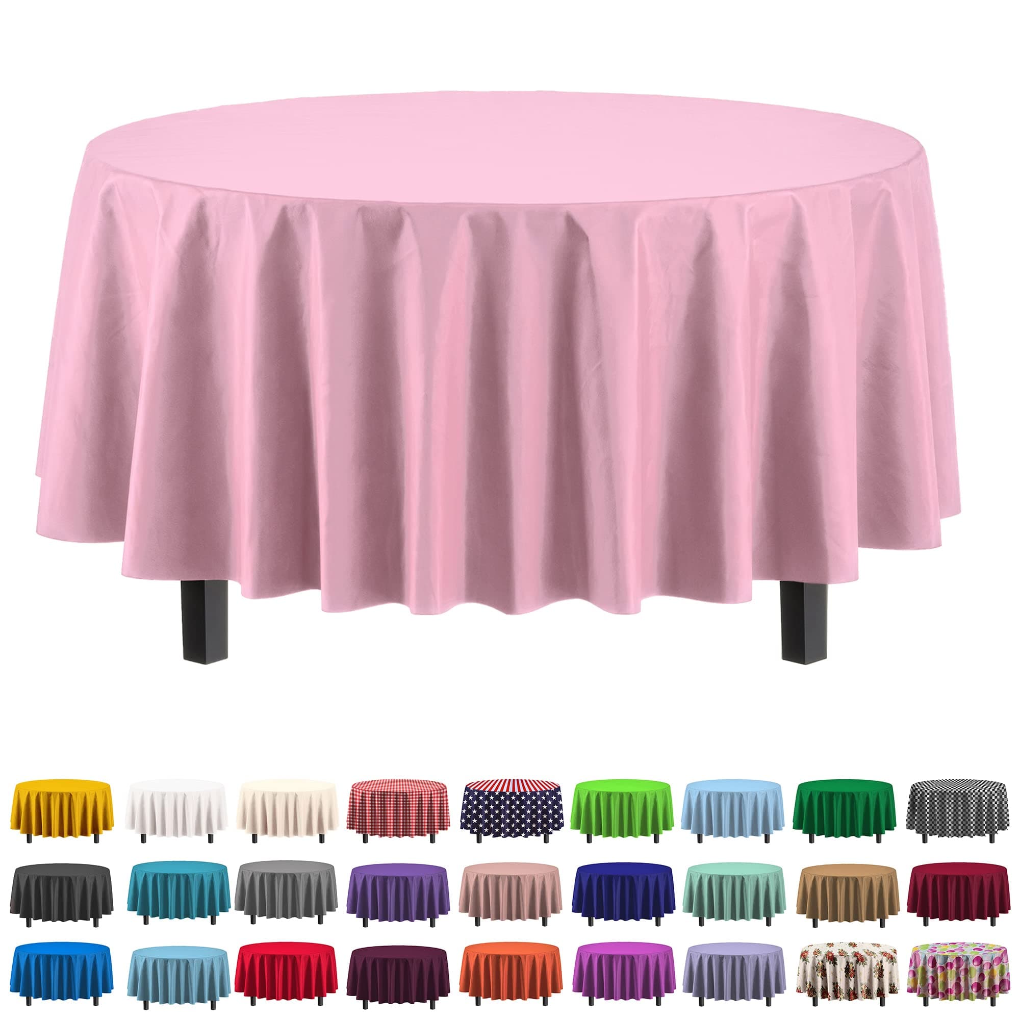 Exquisite 12-Pack Premium Plastic Tablecloth 84in. Round Table Cover - Pink