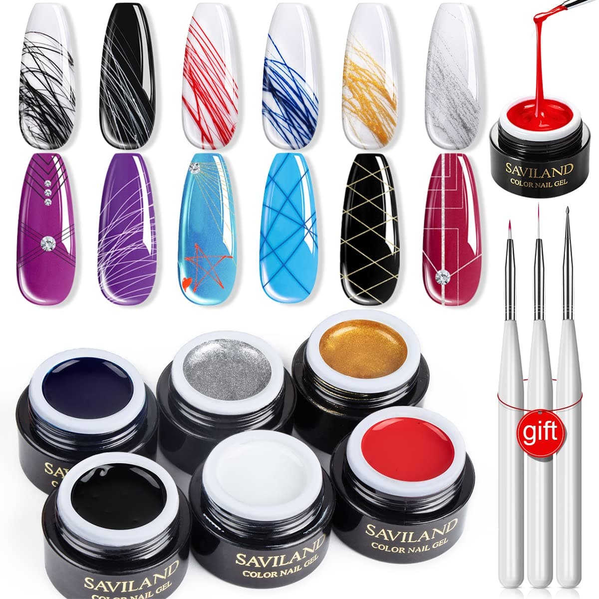 6 Colors Spider Gel, New Upgraded Matrices Spider Gel with Nail Art Brushes, Nail Designs Paint Wire Drawing Gels Polish for Line (White Black Red Blue Gold Silver)