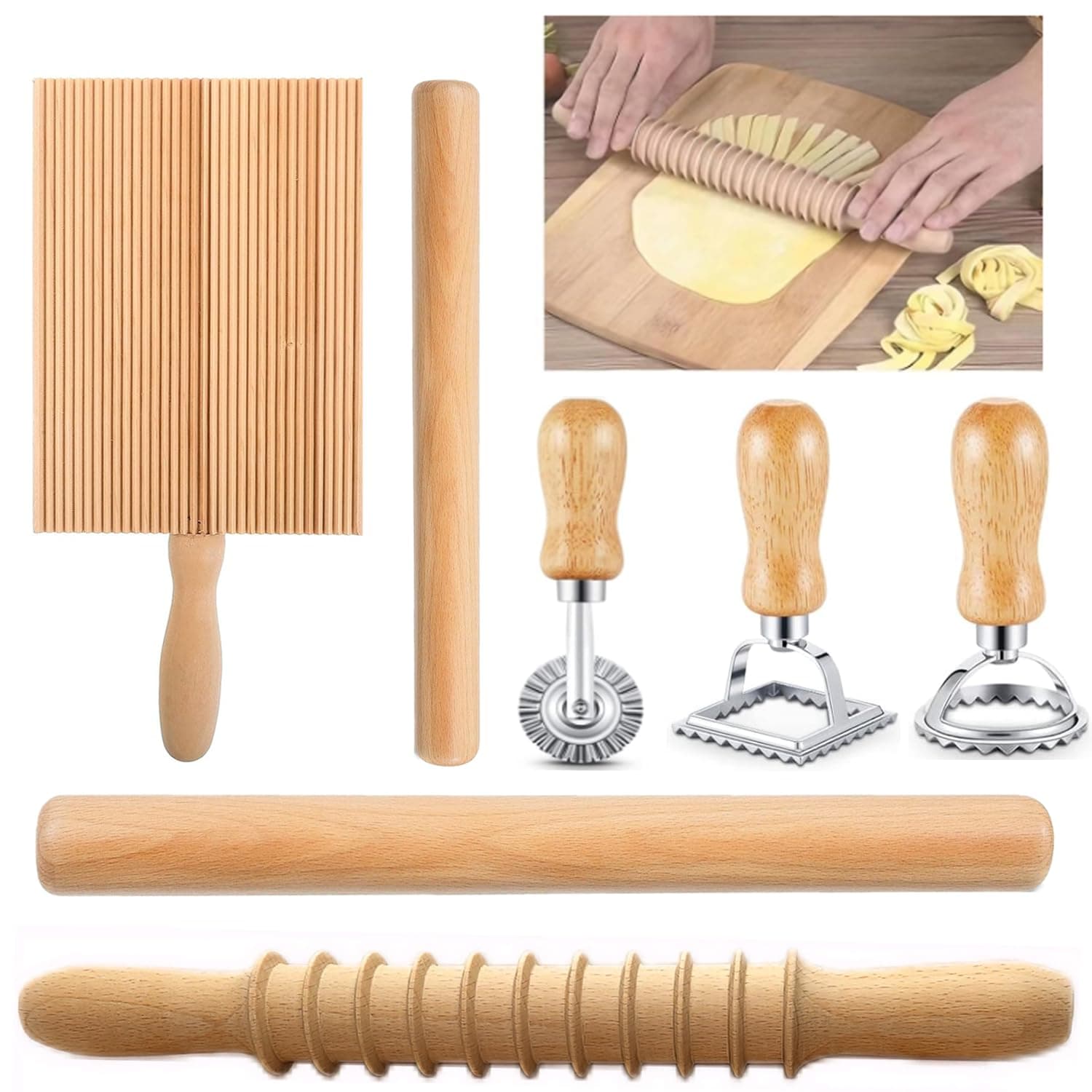 7 Pcs Pasta Making Tool Set Include 1 Wooden Cutter 1 Rolling Pin 1 Gnocchi Board Wood with Roller 3 Ravioli Stamp Maker Cutter for Homemade Maker Kitchen Gift Idea(Pasta Style)