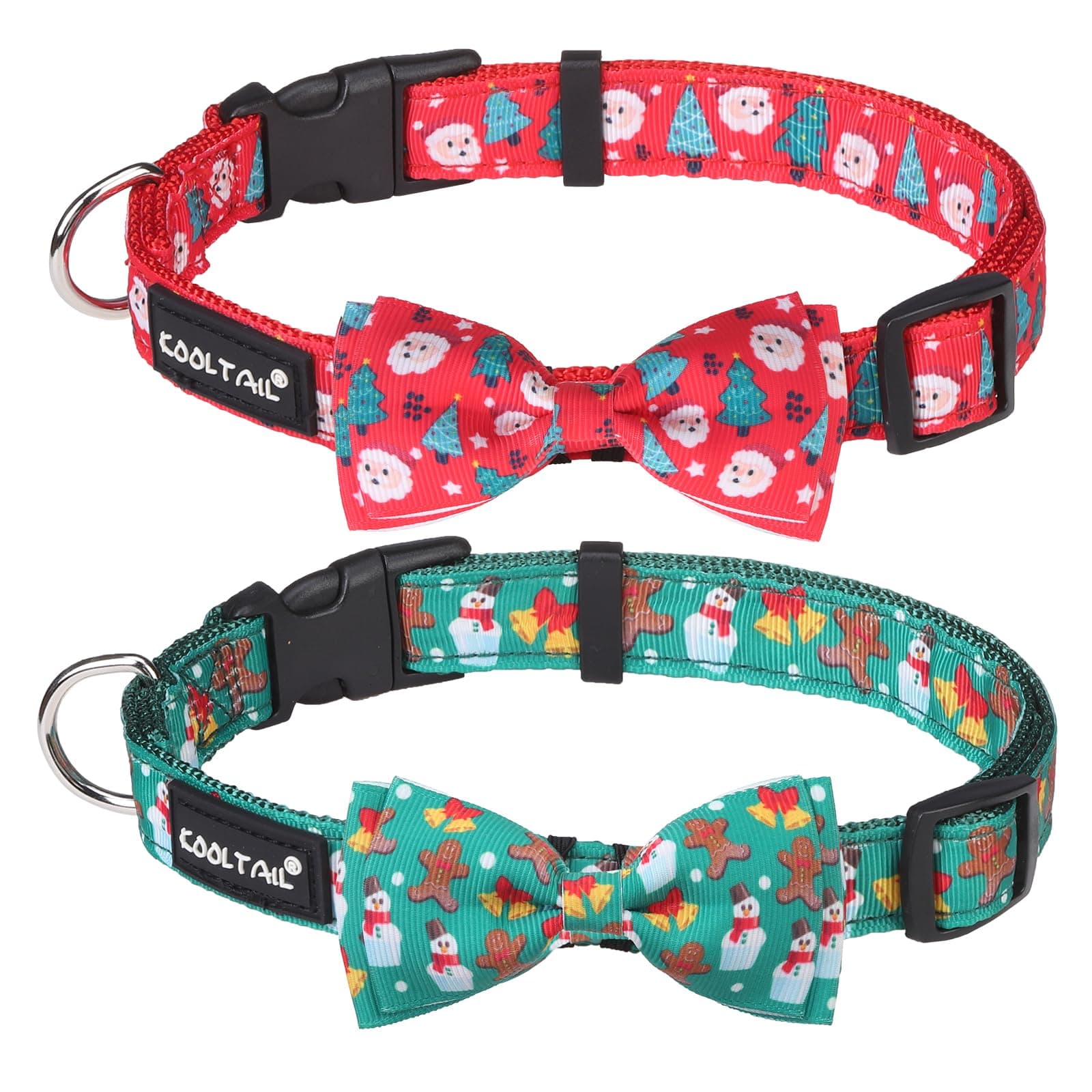 KOOLTAILChristmas Dog Collar 2 Pack Adjustable Holiday Dog Collars with Bow Tie, Festival Print Dog Christmas Collars for Small Medium Large Dogs Pets Boys and Girls