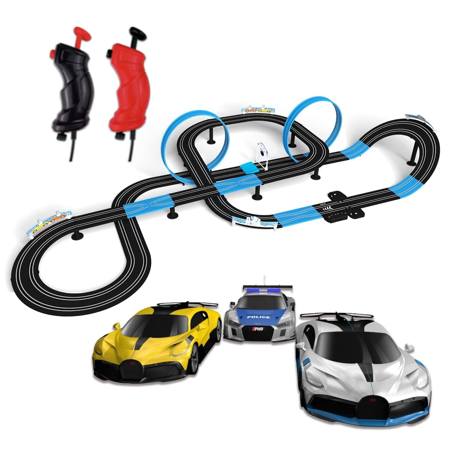 Slot Car Race Track Set, High Speed Series Tram Dual Track Set with 4 Licensed Racing Slot Cars, 2 Hand Controls, Track Parts and Lap Counter, 8.4M Long Track