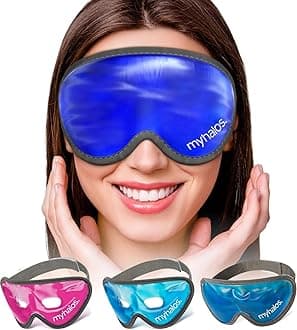 MyHalos Gel Mask - Reusable Cooling Eye Mask with Adjustable Straps - Cold Mask for Puffy Eyes, Dark Circles and Hangovers - Face Ice Pack Compress for Sinus, Headaches (Blue - No Eyeholes)