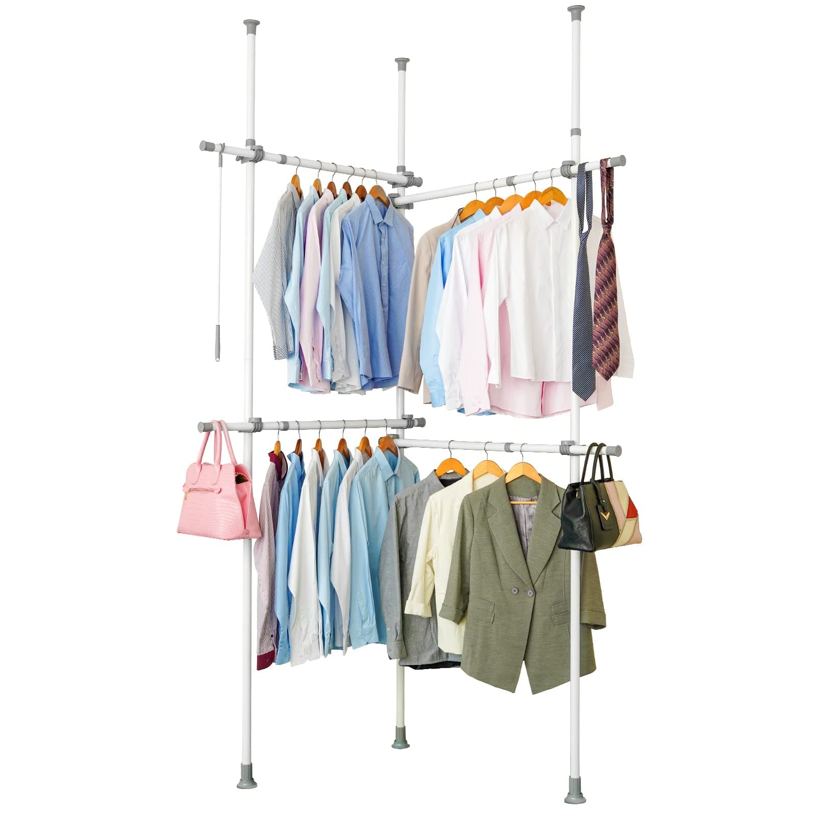 Double Clothing Rack, Adjustable Racks for Hanging Clothes, 2 Tier Clothes Heavy Duty Garment White Closet Freestanding System