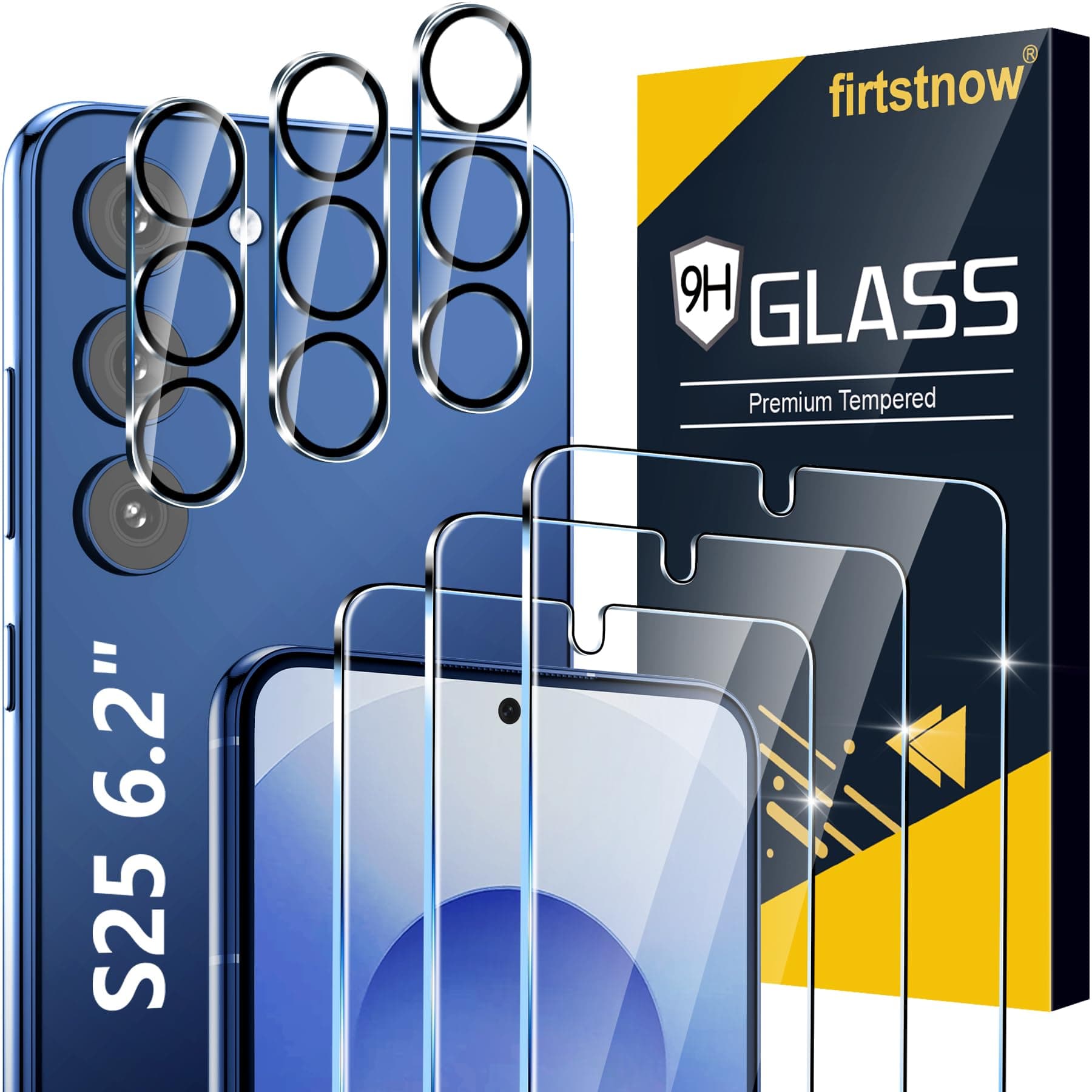 3 Pack for Samsung Galaxy S25 Screen Protector Tempered Glass + 3 Pack Camera Lens Protector, Military Grade Shatterproof, 9H Hardness, Fingerprint Unlock, Case Friendly 6.2 Inch
