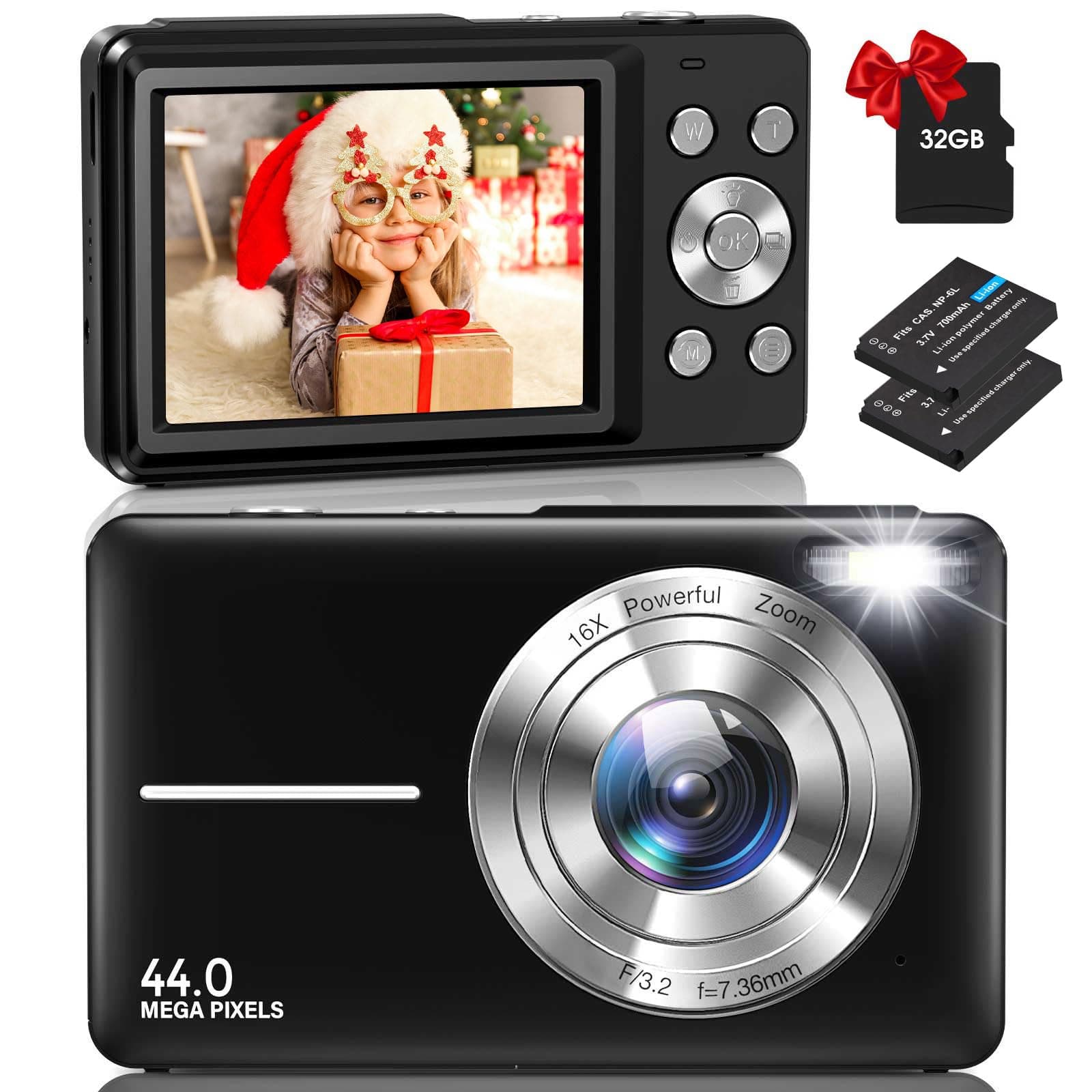 Digital Camera, Vlogging Camera Rechargeable Digital Cameras with 32G Memory Card FHD 1080P 44MP Compact Camera with 16X Digital Zoom, Portable Mini Camera with 2 Battery for Teens,Kids（Black）
