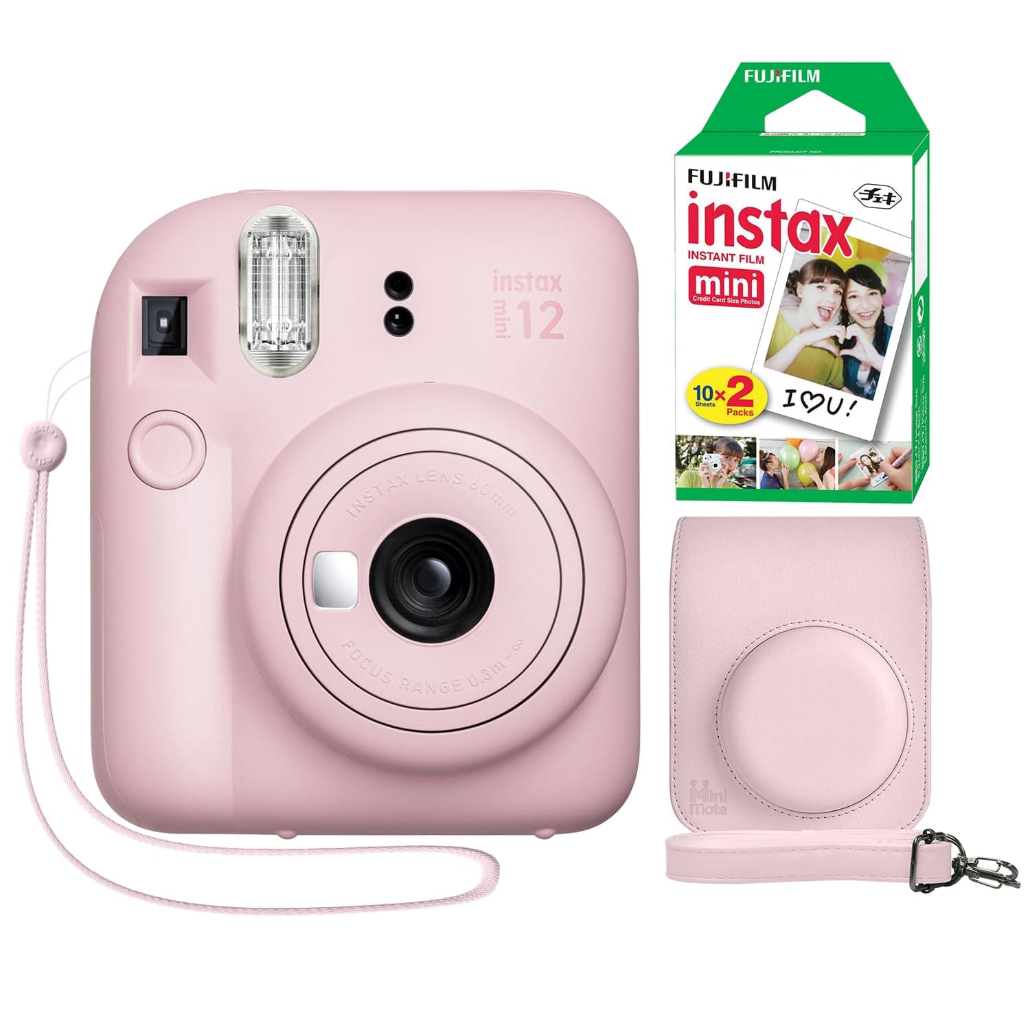 Instax Mini 12 Instant Camera Blossom Pink + Minimate Custom Case + Fuji Instax Film 20 Sheets Twin Pack