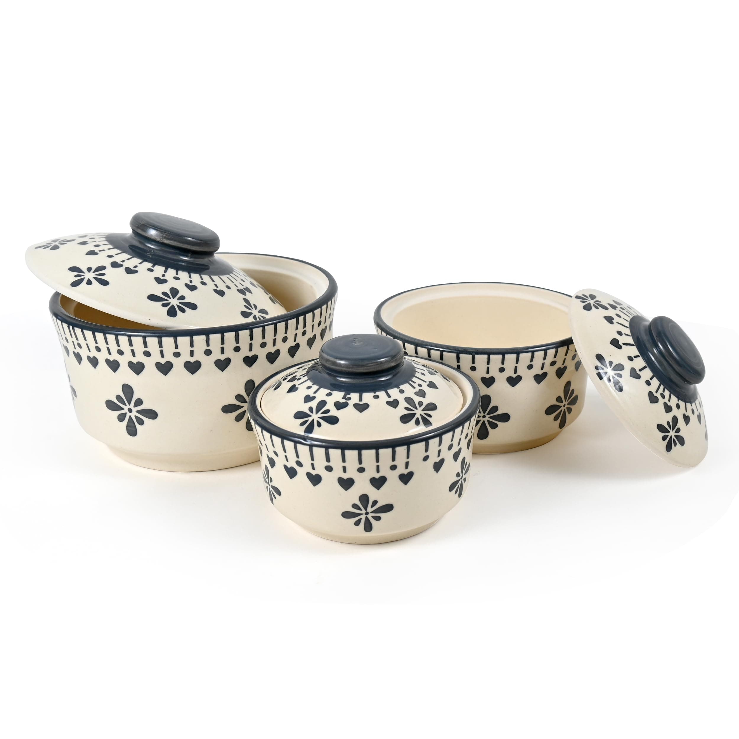 Ceramic Serving Donga Set With Lid - Gravy Donga Set - Dinner Bowl With Lid - (Set Of 3-750Ml 500Ml 250Ml) (Grey Jhallar Design)