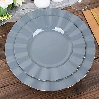 Efavormart 9" Salad Plates – Set of 10 Plastic Dusty Blue Round Disposable Plates with Gold Ruffled Rim – Elegant Appetizer & Dessert Plates for Weddings, Parties, Catering, and Formal Events