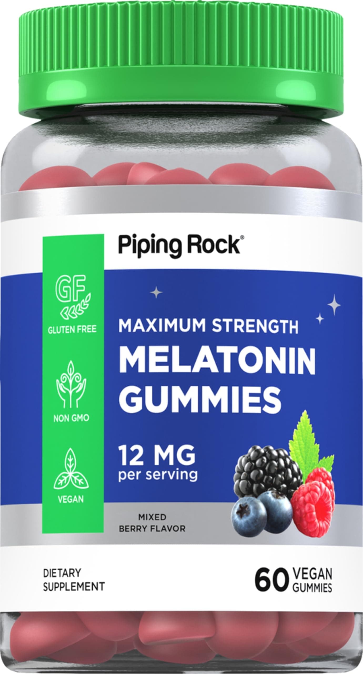 Piping Rock Melatonin Gummies 12mg | 60 Count | Maximum Strength Supplement for Adults | Berry Flavor | Vegan, Non-GMO, Gluten Free