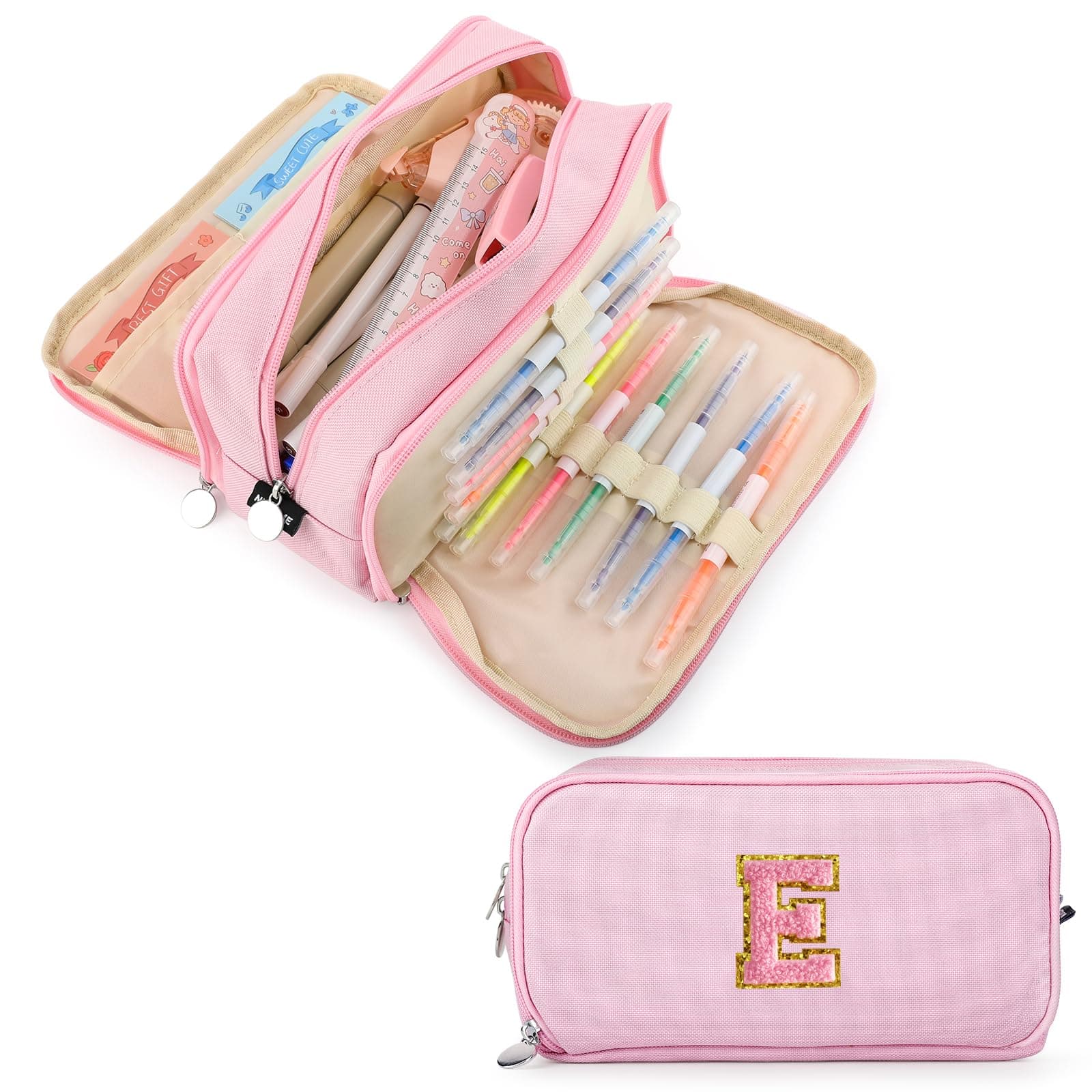 Extra Large Capacity Pencil Case 3 Compartment Initial Pencil Pouch Personalized Cute Aesthetic Stationery Pen Case Bag for School Teen Girl Boy Men Women Gift (E, Pink)