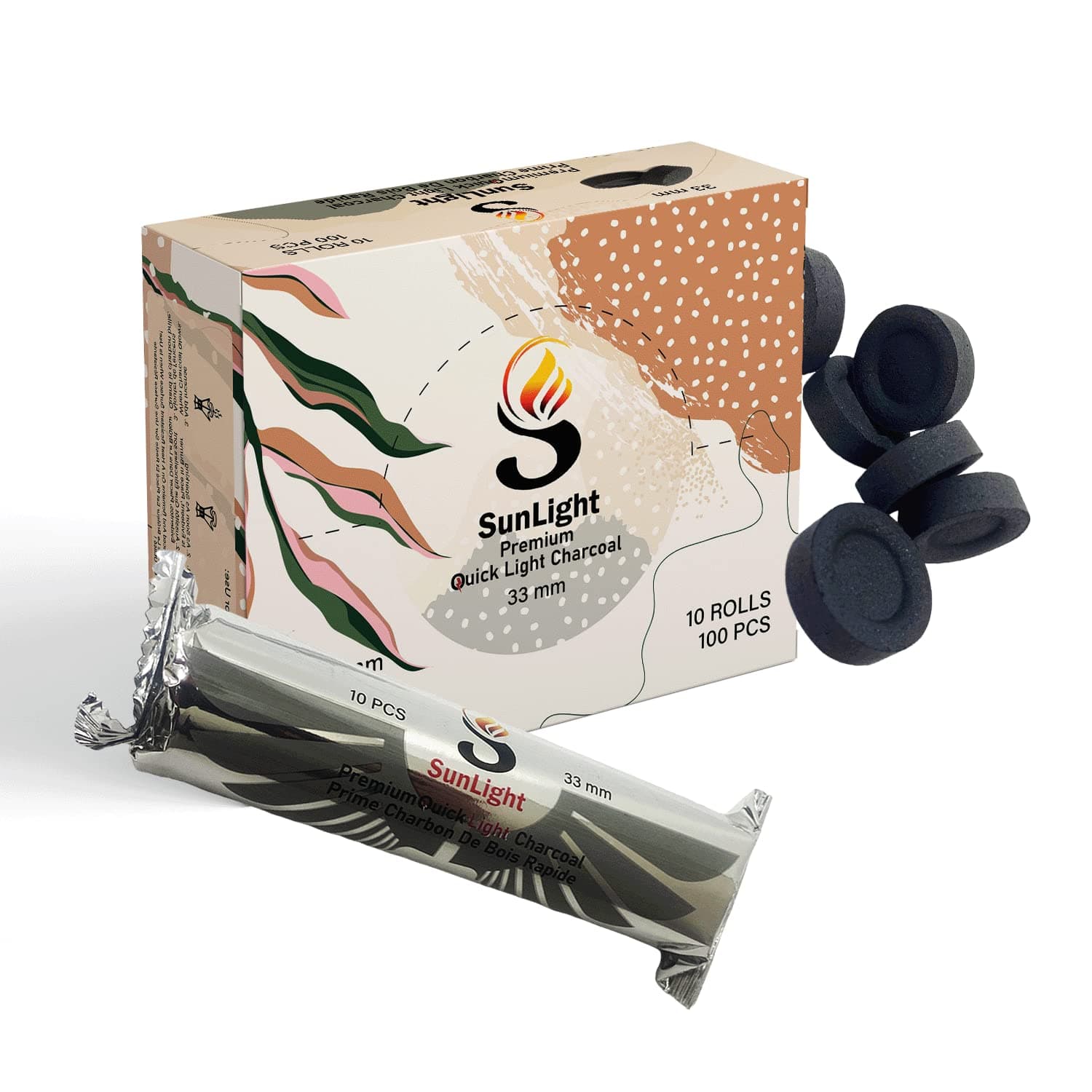 Sunlight Premium Charcoal Tablets for Incense - Instant Light - 100 Discs - 33mm - Resin Burner Rolls - Pack of 100 Coal Briquettes - Instant Fire Coal