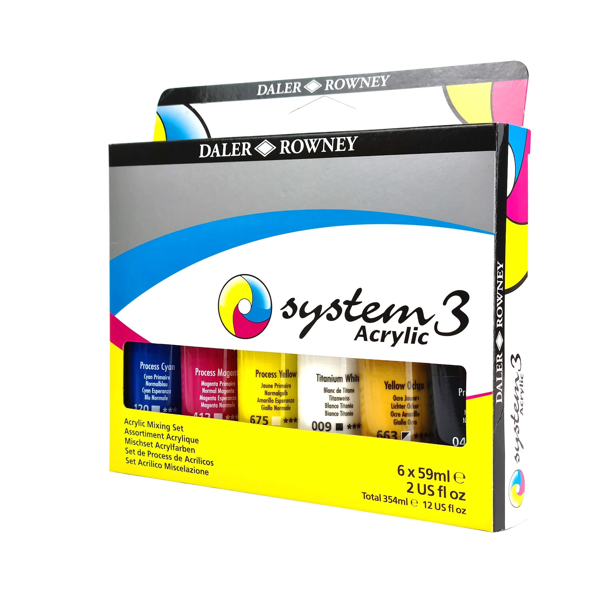 Daler-Rowney System3 59ml Acrylic Paint Process Set, 6 x Assorted Vibrant Colours, Multi-Surface, For Professional Artists & Students