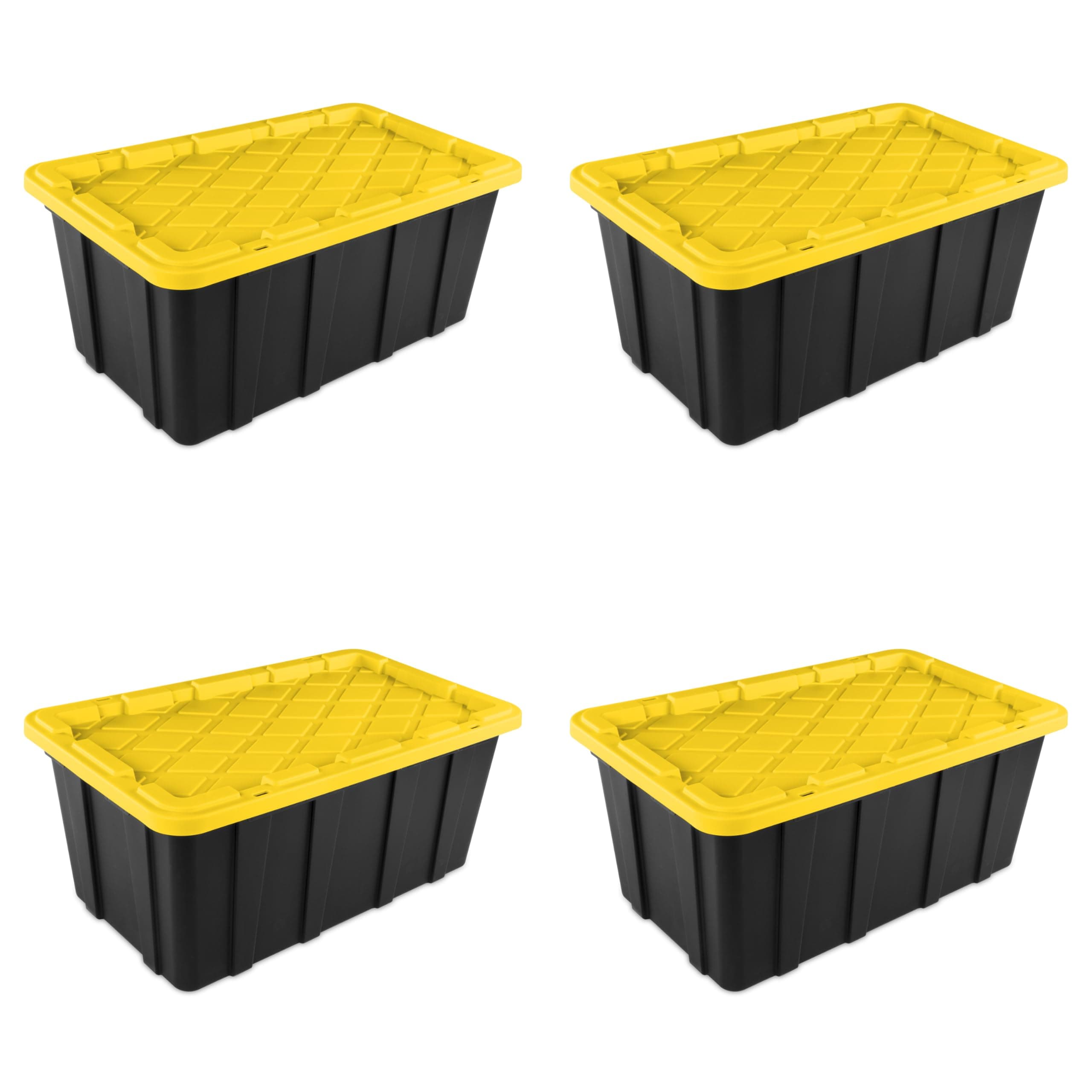 38 Gal Industrial Tote, Stackable Storage Bin with Snap-Fit Lid for Garage, Basement & Attic Storage, Black Base and Yellow Lily Lid, 4-Pack