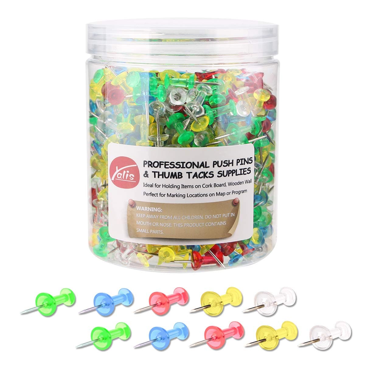 Yalis Push Pins 600 Count Clear Multicolored, Standard Thumb Tacks Steel Point and Clear Multi-Colors Plastic Head