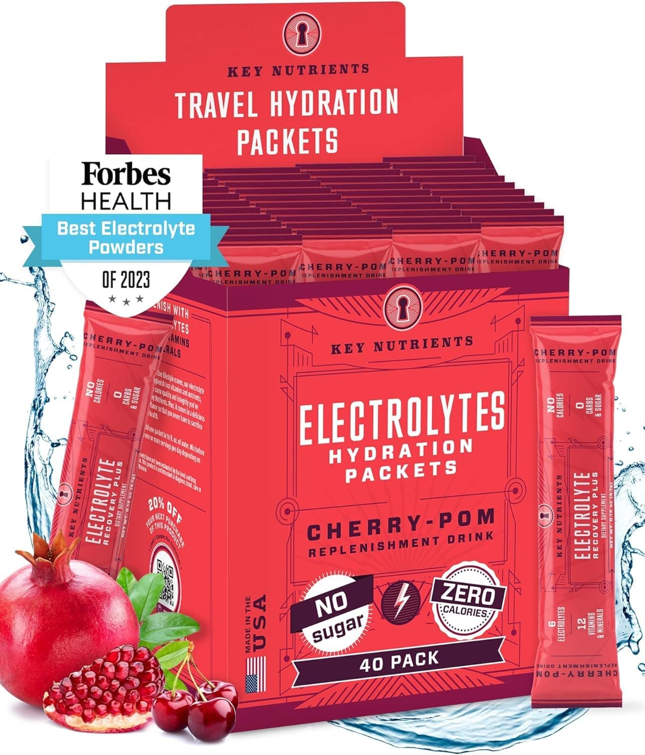 KEY NUTRIENTS Electrolytes Powder Packets - Sweet Cherry-Pom 40 Pack Hydration Packets - Travel Hydration Powder - No Sugar, No Calories, Gluten Free - Made in USA